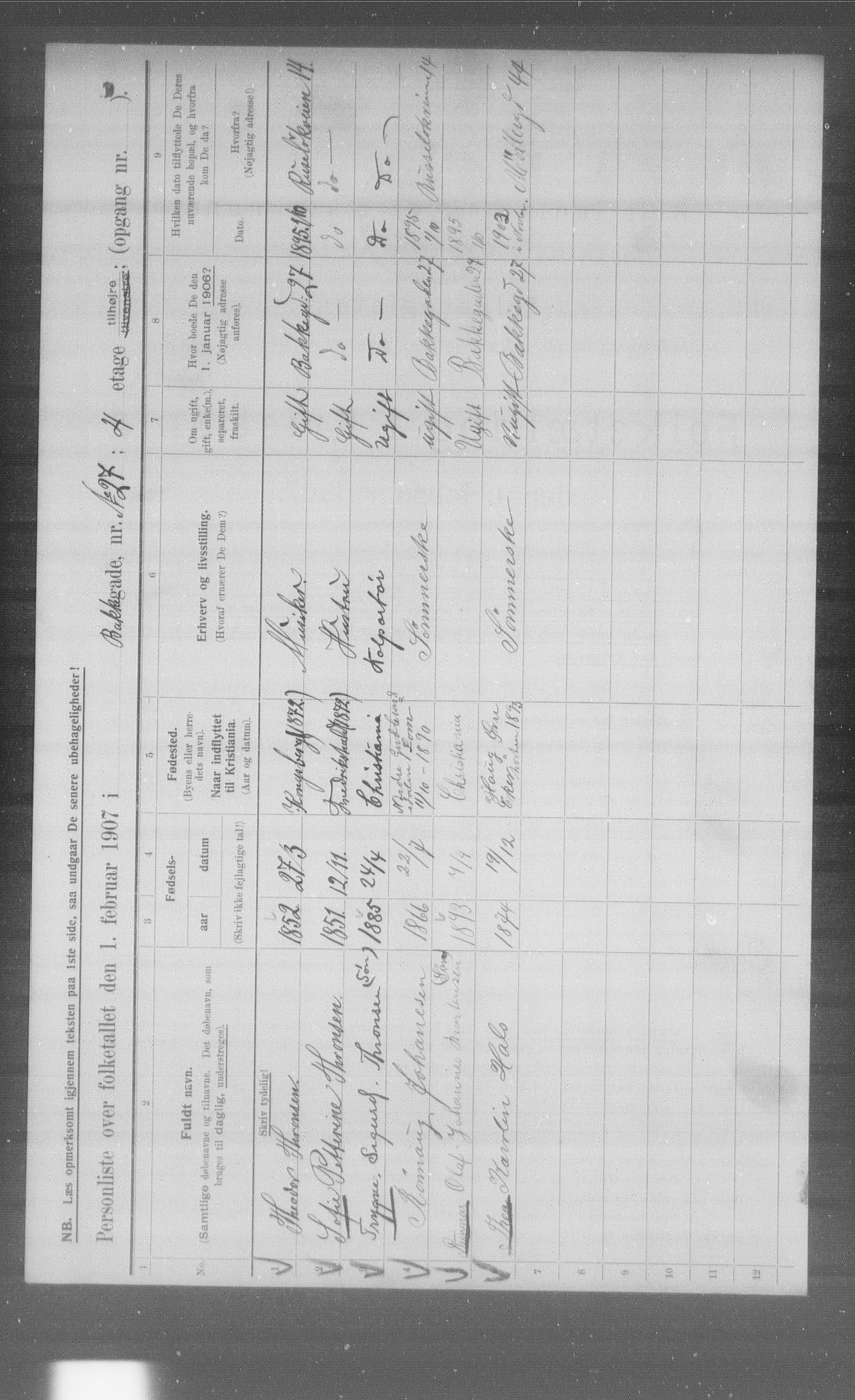 OBA, Municipal Census 1907 for Kristiania, 1907, p. 1626