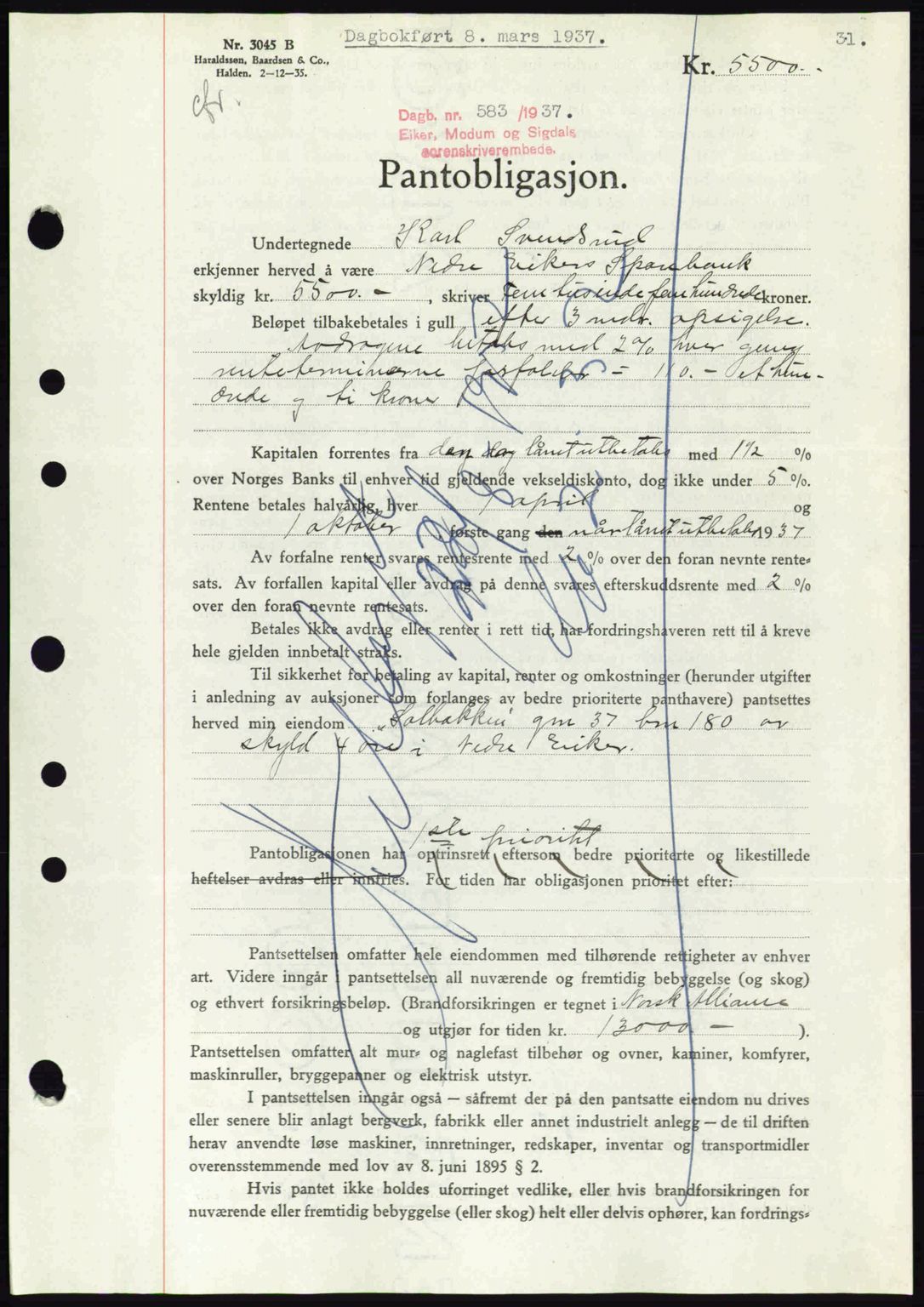 Eiker, Modum og Sigdal sorenskriveri, SAKO/A-123/G/Ga/Gab/L0035: Mortgage book no. A5, 1937-1937, Diary no: : 583/1937