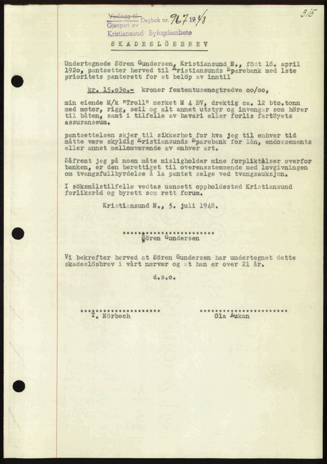 Kristiansund byfogd, AV/SAT-A-4587/A/27: Mortgage book no. 44, 1947-1948, Diary no: : 967/1948