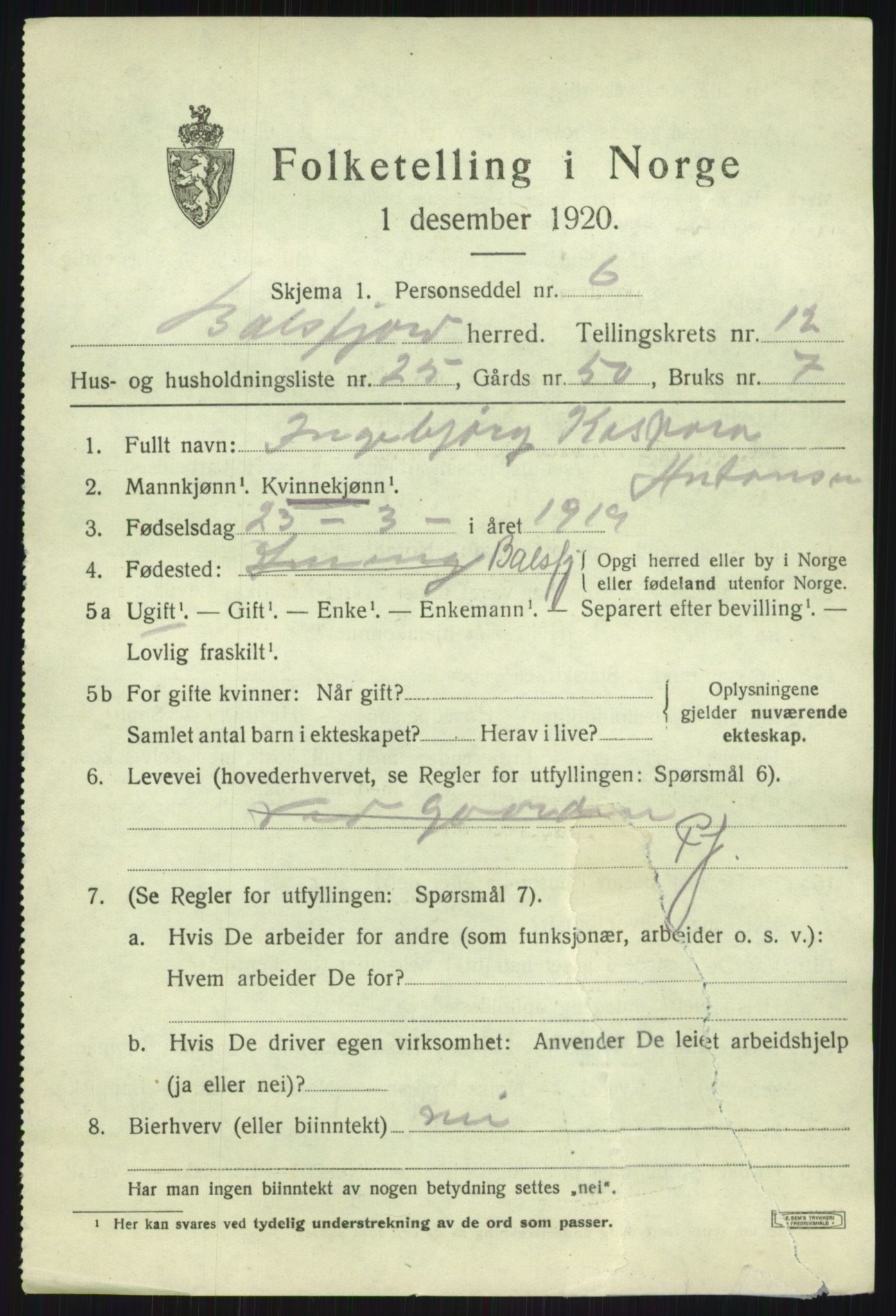 SATØ, 1920 census for Balsfjord, 1920, p. 7589