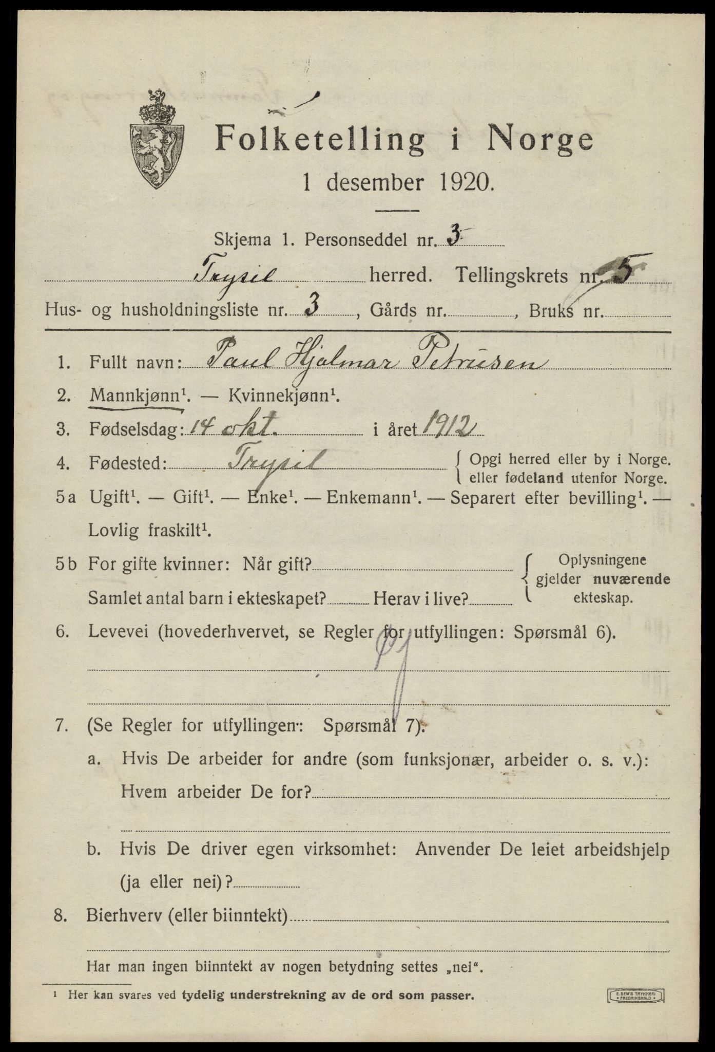 SAH, 1920 census for Trysil, 1920, p. 4343