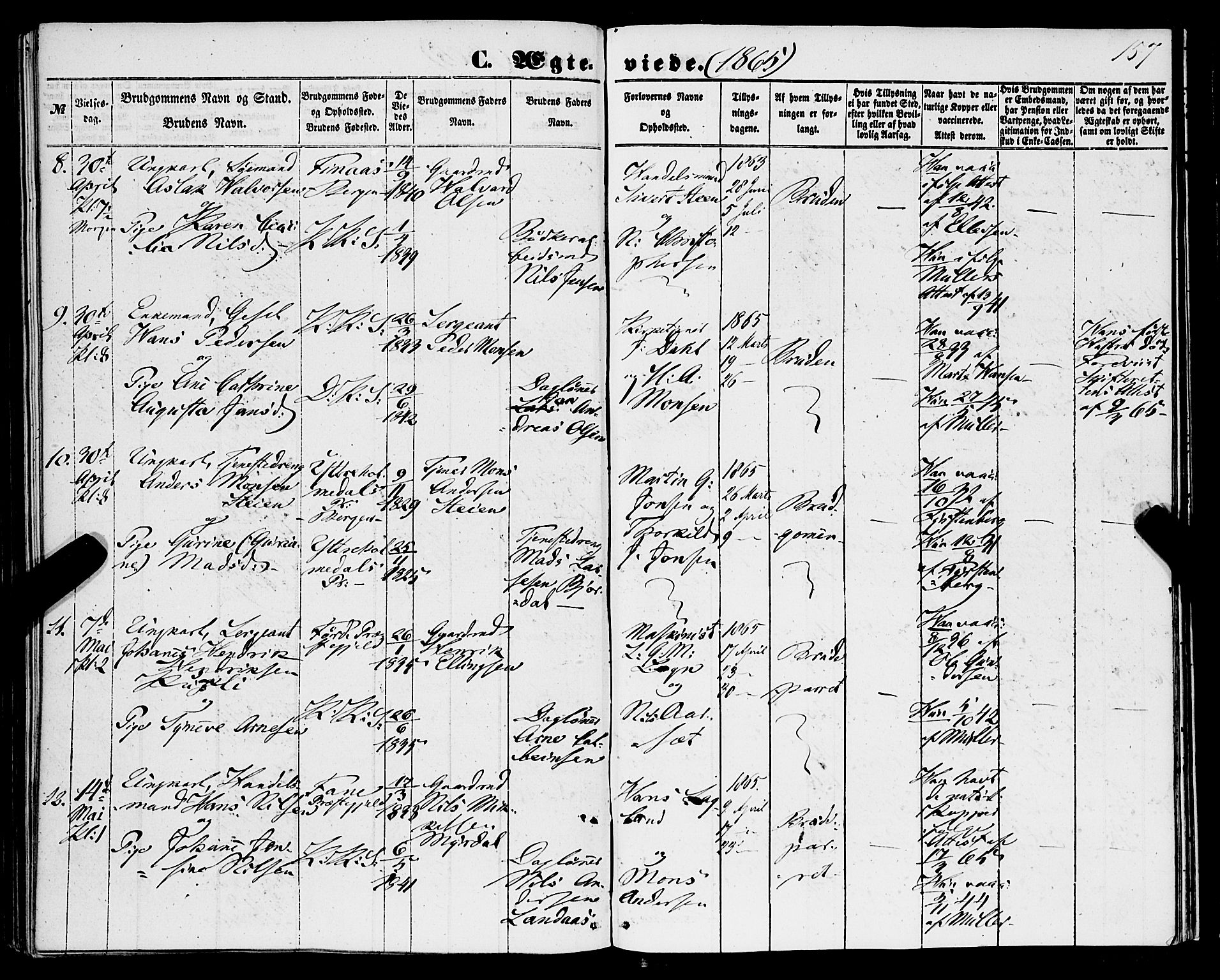 Korskirken sokneprestembete, AV/SAB-A-76101/H/Haa/L0035: Parish register (official) no. D 2, 1852-1867, p. 157