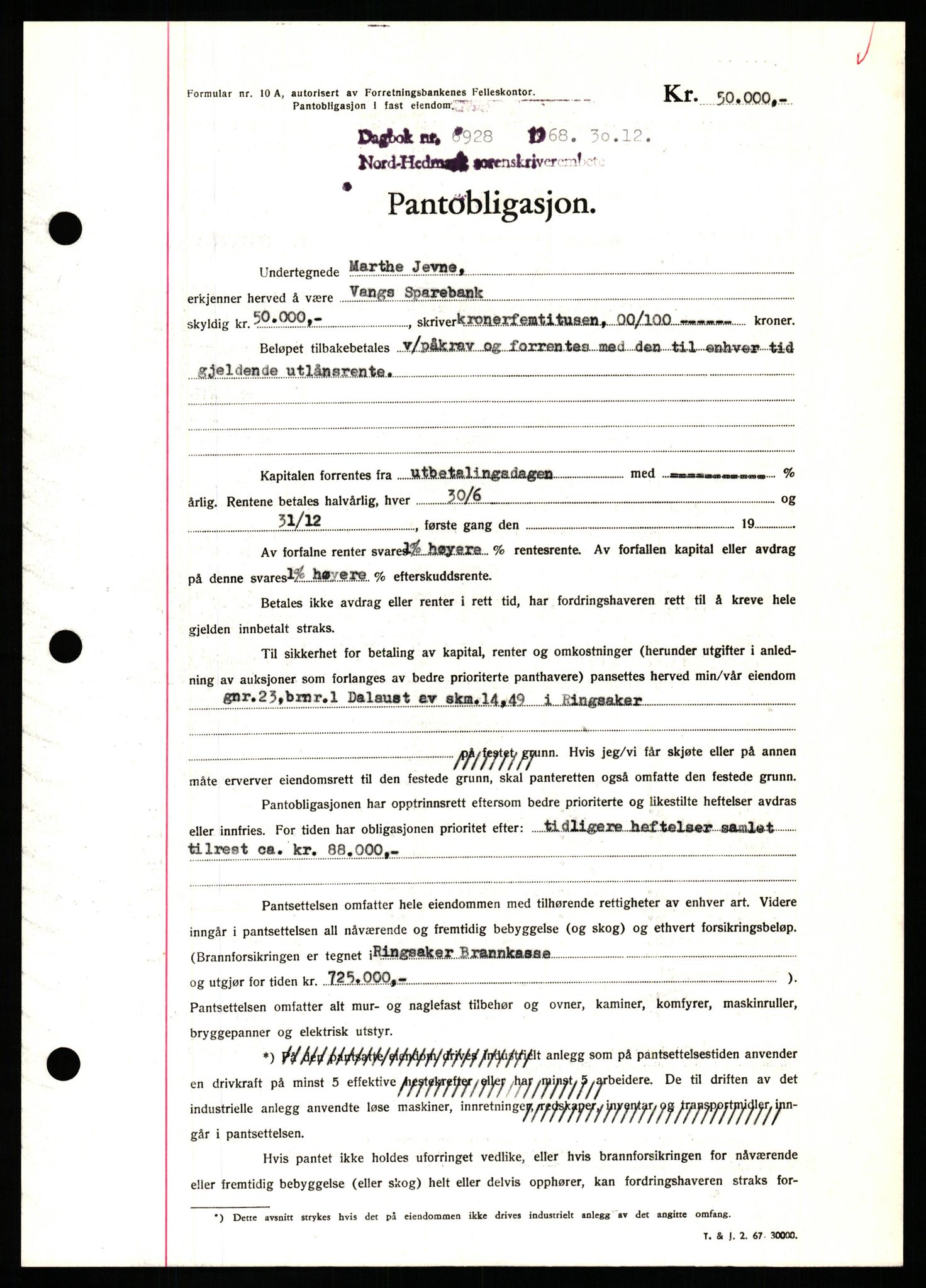 Nord-Hedmark sorenskriveri, SAH/TING-012/H/Hb/Hbf/L0077: Mortgage book no. B77, 1968-1969, Diary no: : 6928/1968