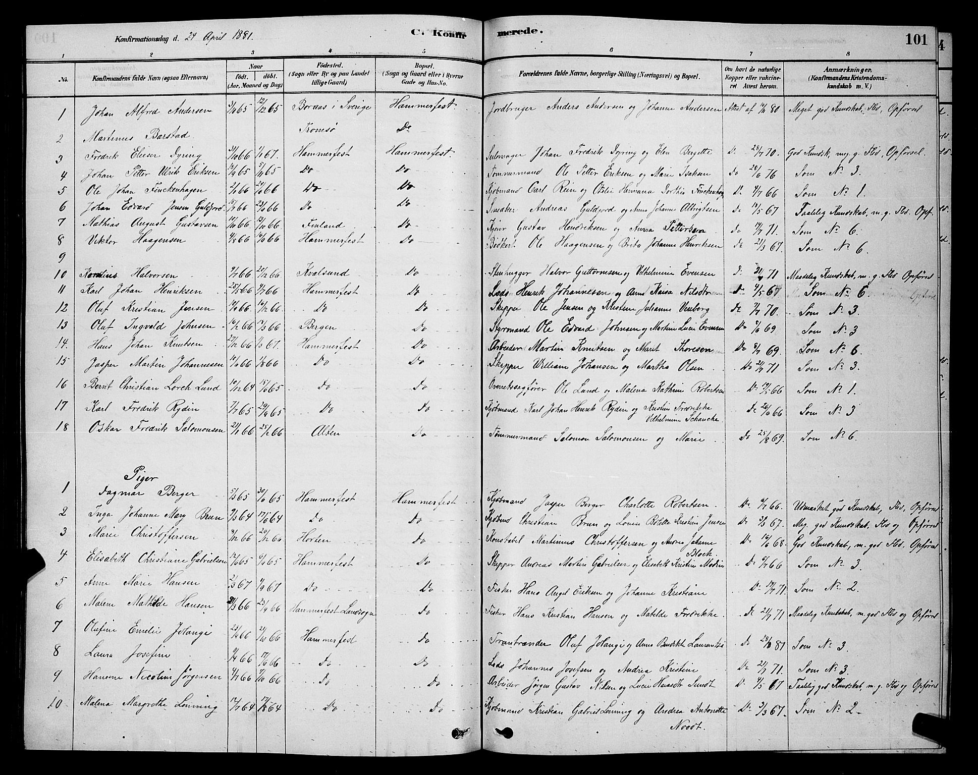 Hammerfest sokneprestkontor, AV/SATØ-S-1347/H/Hb/L0006.klokk: Parish register (copy) no. 6, 1876-1884, p. 101