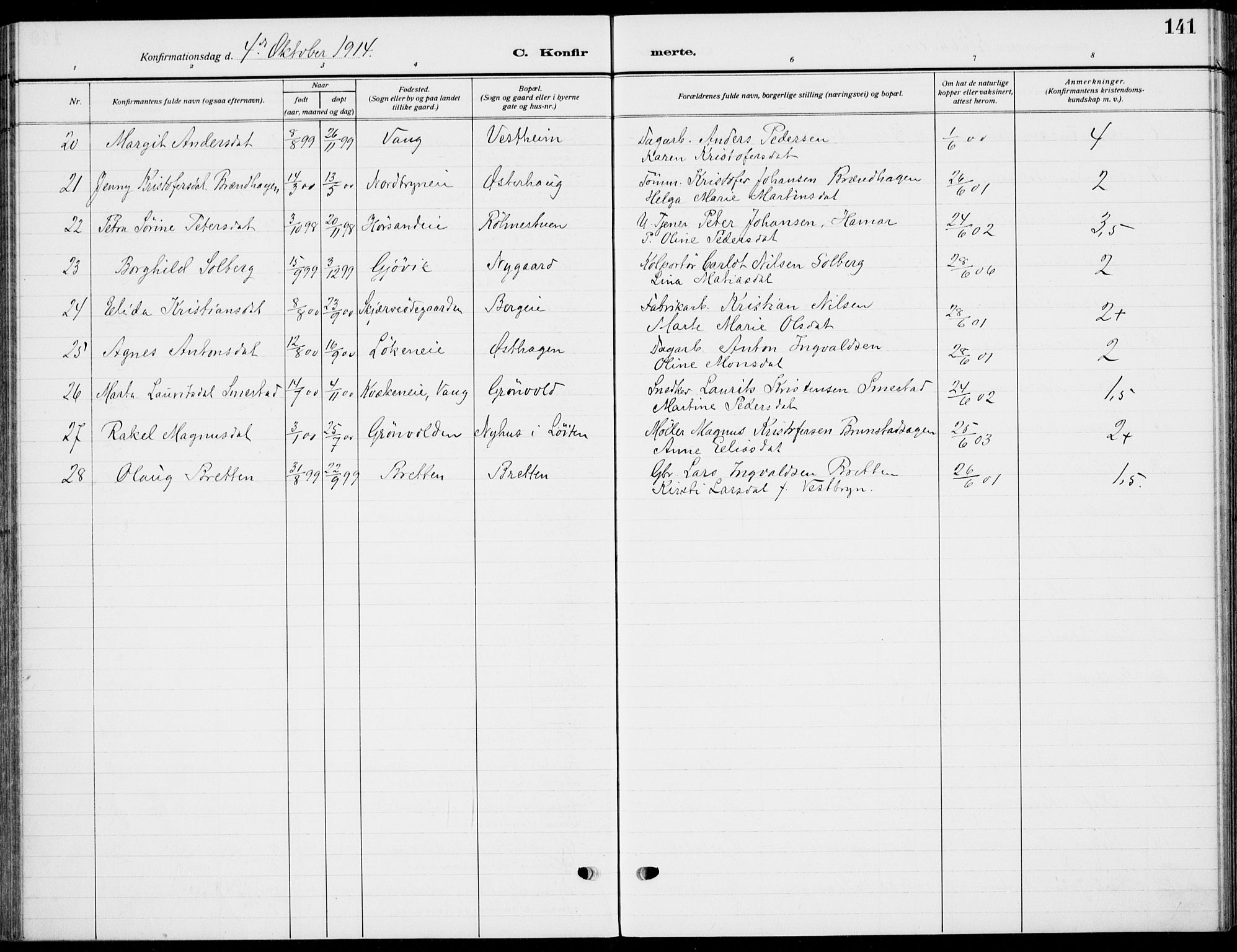 Romedal prestekontor, AV/SAH-PREST-004/K/L0012: Parish register (official) no. 12, 1913-1935, p. 141