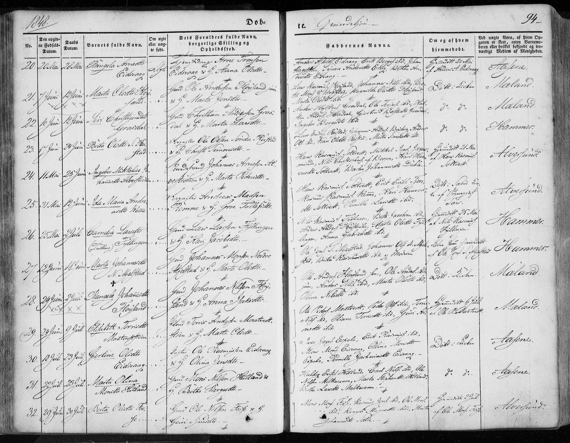 Hamre sokneprestembete, AV/SAB-A-75501/H/Ha/Haa/Haaa/L0013: Parish register (official) no. A 13, 1846-1857, p. 94