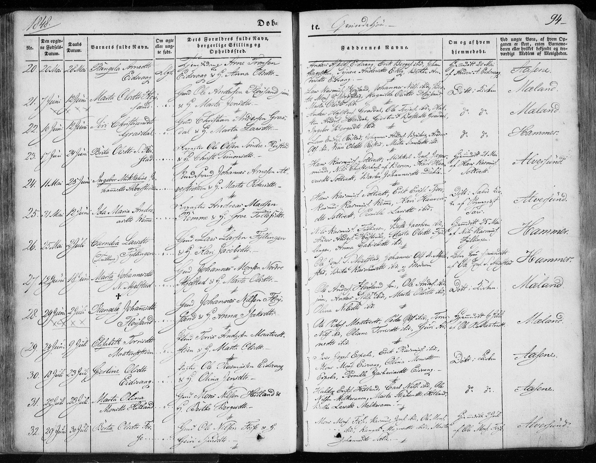 Hamre sokneprestembete, AV/SAB-A-75501/H/Ha/Haa/Haaa/L0013: Parish register (official) no. A 13, 1846-1857, p. 94