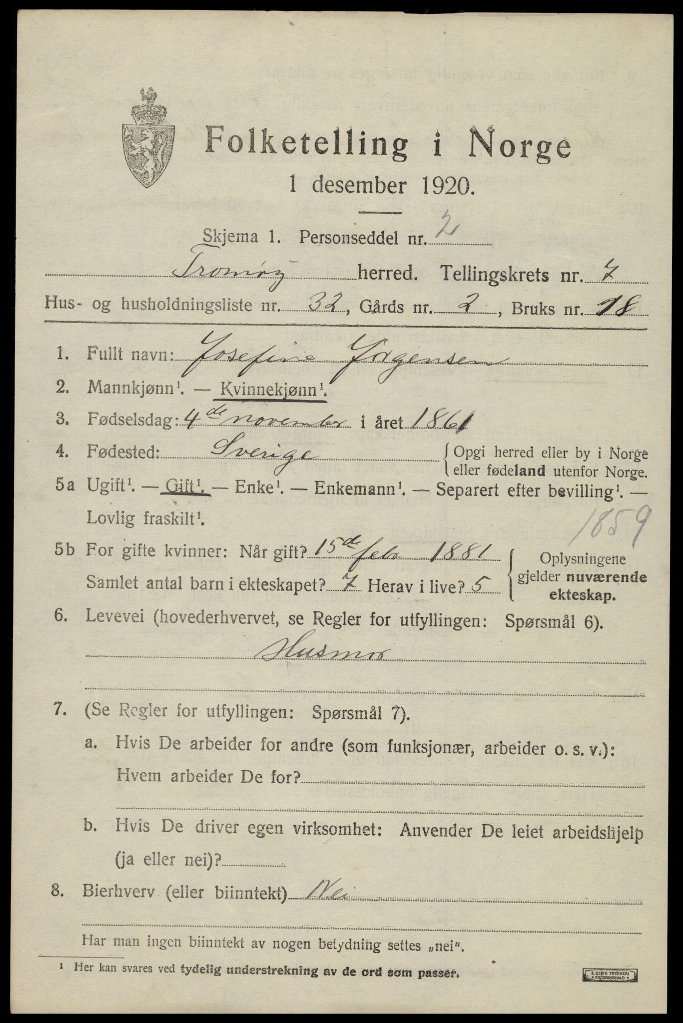 SAK, 1920 census for Tromøy, 1920, p. 5353