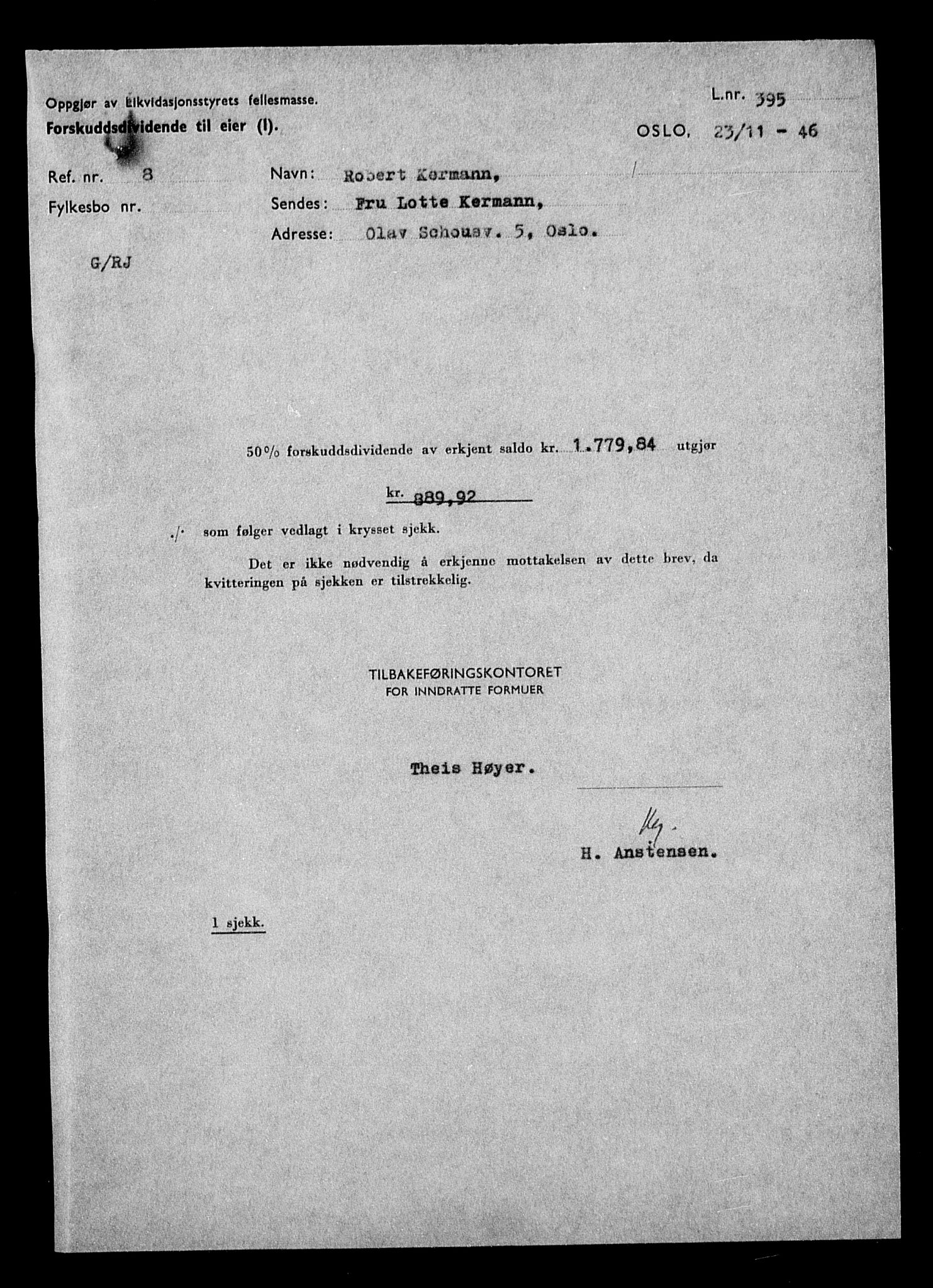 Justisdepartementet, Tilbakeføringskontoret for inndratte formuer, AV/RA-S-1564/H/Hc/Hcc/L0951: --, 1945-1947, p. 119