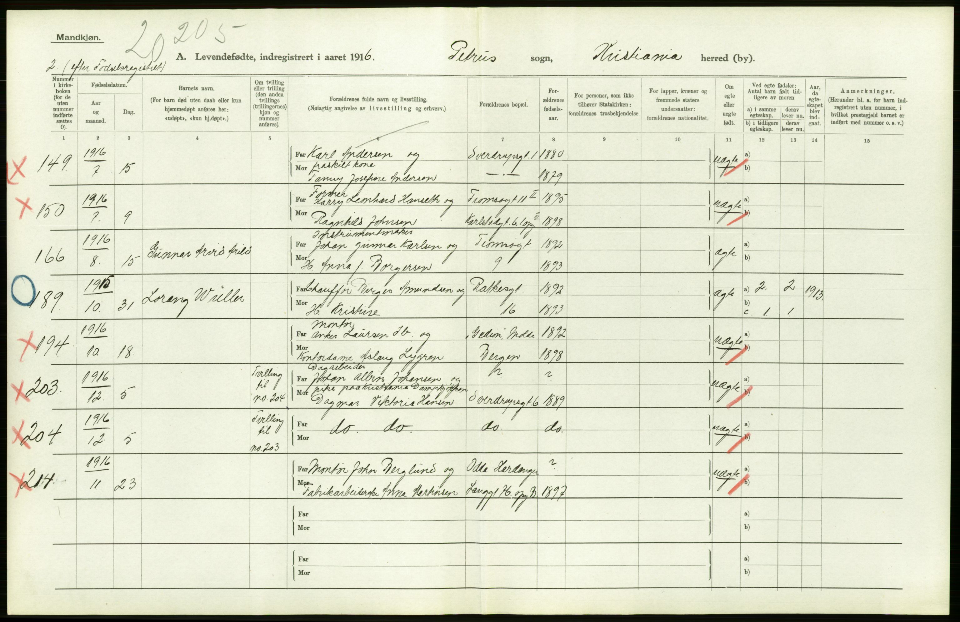 Statistisk sentralbyrå, Sosiodemografiske emner, Befolkning, AV/RA-S-2228/D/Df/Dfb/Dfbf/L0006: Kristiania: Levendefødte menn og kvinner., 1916, p. 592