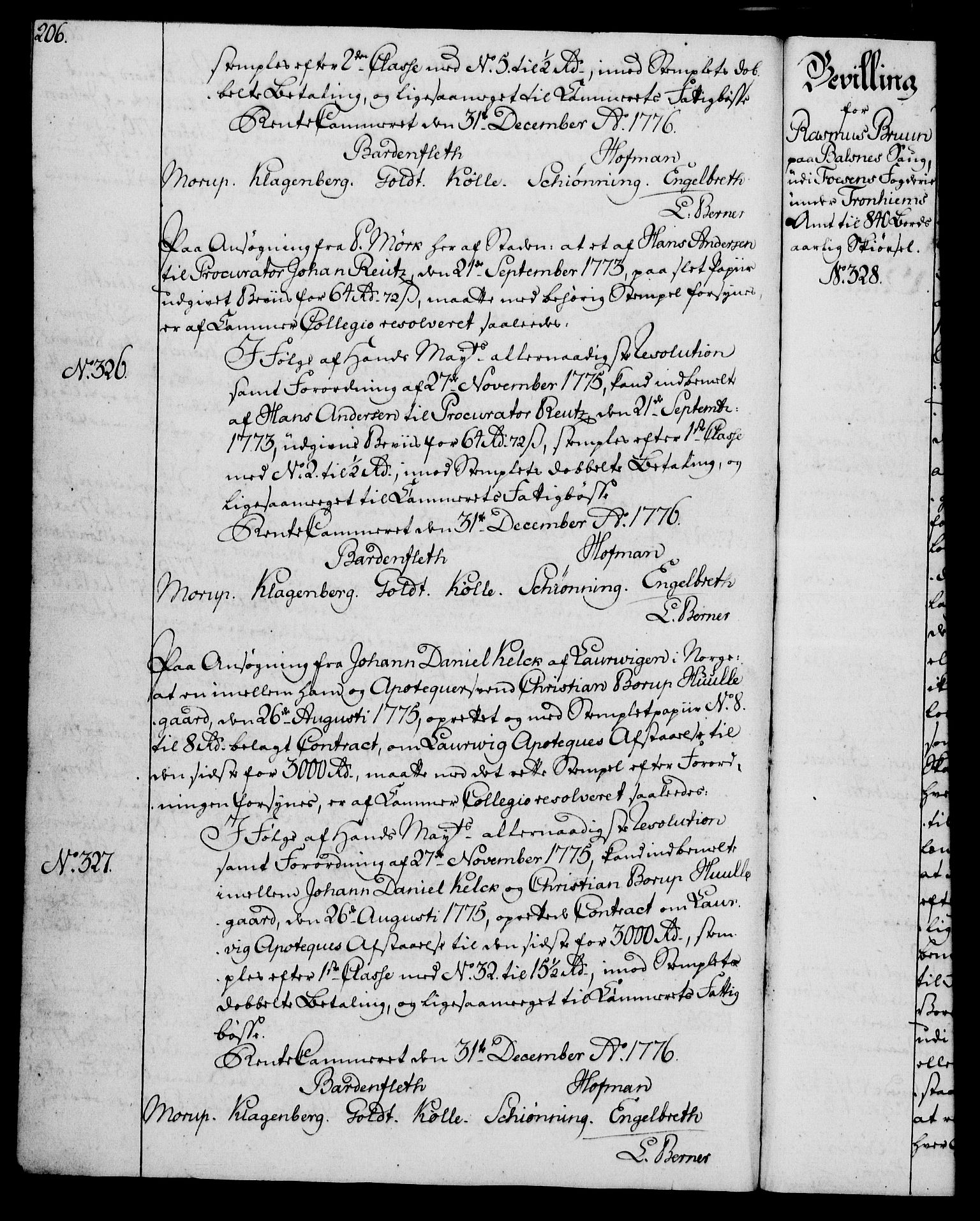 Rentekammeret, Kammerkanselliet, RA/EA-3111/G/Gg/Gga/L0010: Norsk ekspedisjonsprotokoll med register (merket RK 53.10), 1773-1778, p. 206