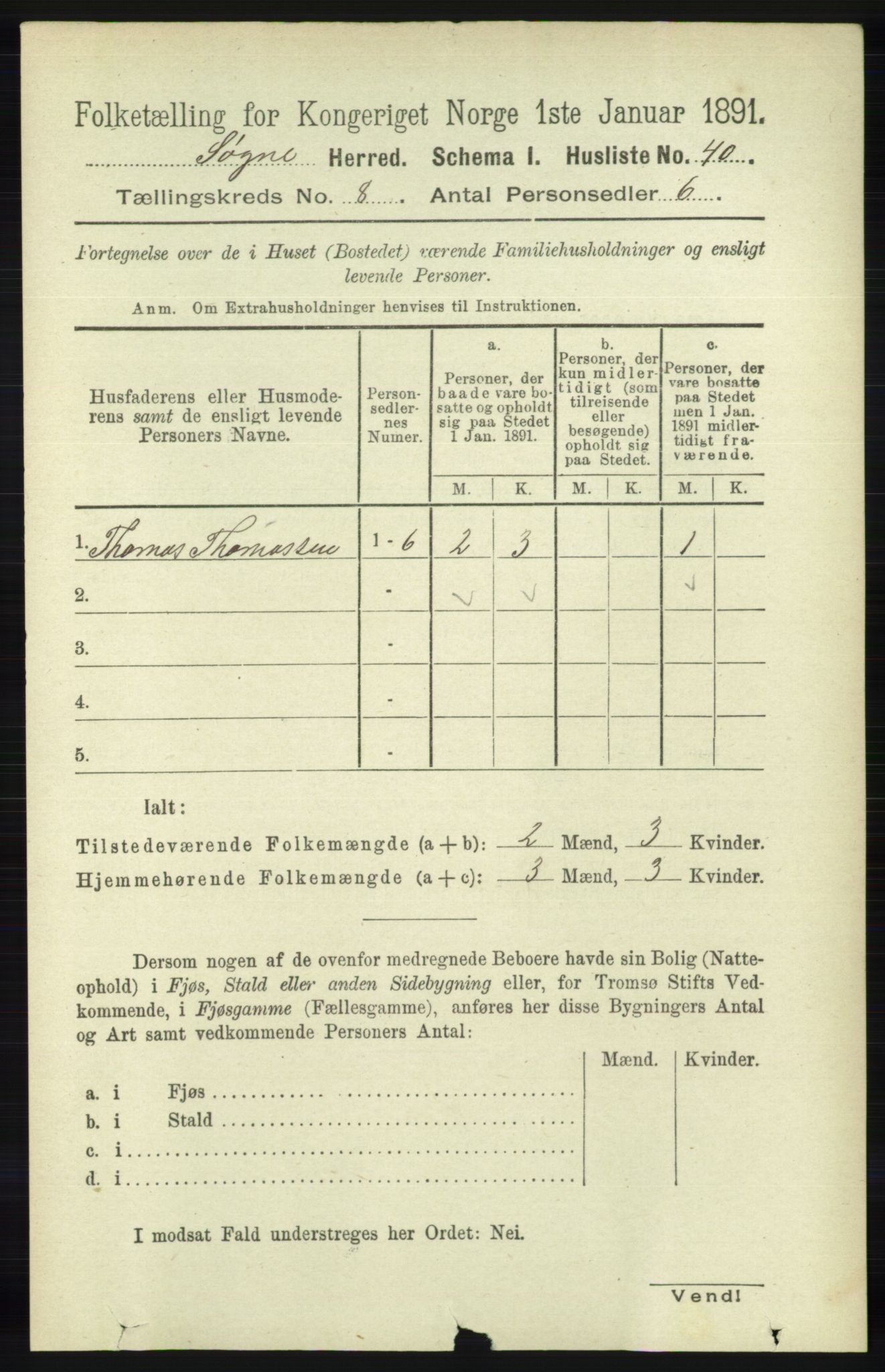 RA, 1891 census for 1018 Søgne, 1891, p. 2207