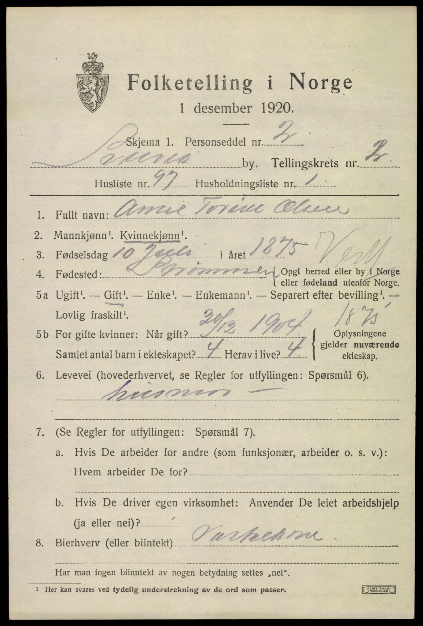 SAKO, 1920 census for Svelvik, 1920, p. 3377