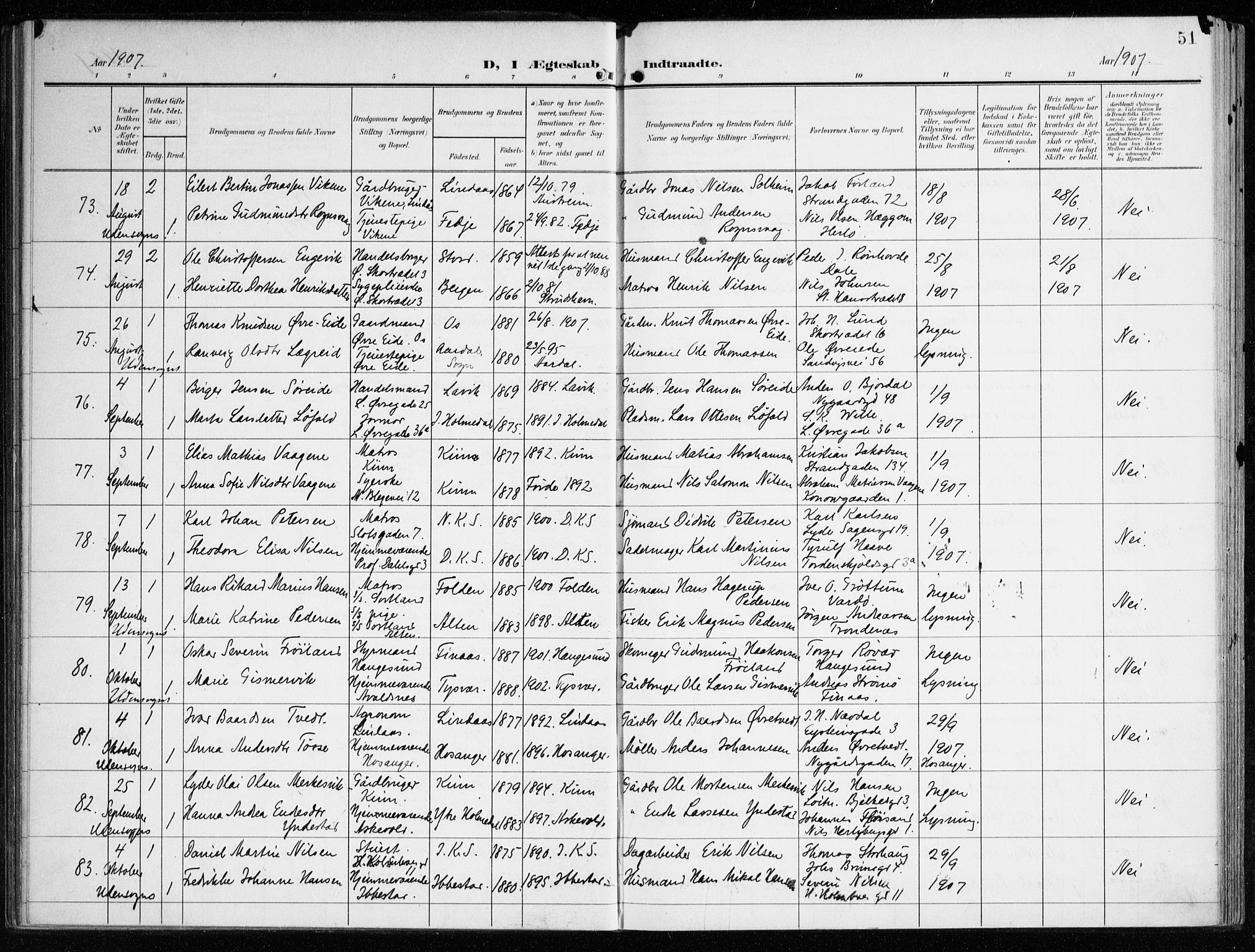 Korskirken sokneprestembete, AV/SAB-A-76101/H/Haa/L0038: Parish register (official) no. D 5, 1904-1919, p. 51