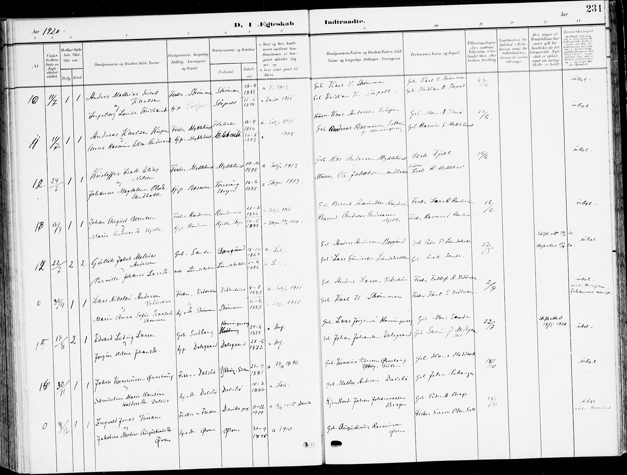 Selje sokneprestembete, AV/SAB-A-99938/H/Ha/Haa/Haab: Parish register (official) no. B 3, 1908-1923, p. 231