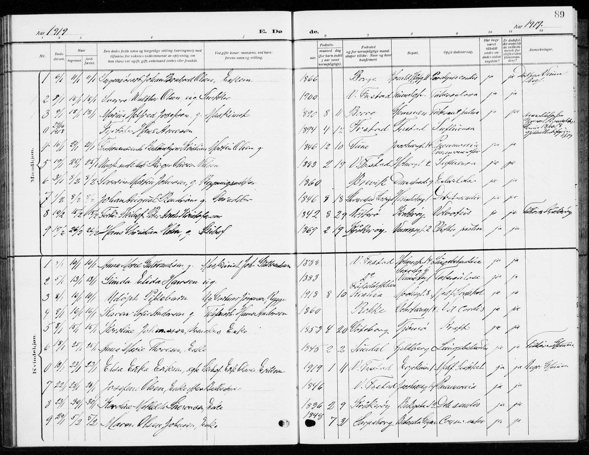 Fredrikstad domkirkes prestekontor Kirkebøker, SAO/A-10906/G/Ga/L0004: Parish register (copy) no. 4, 1910-1944, p. 89