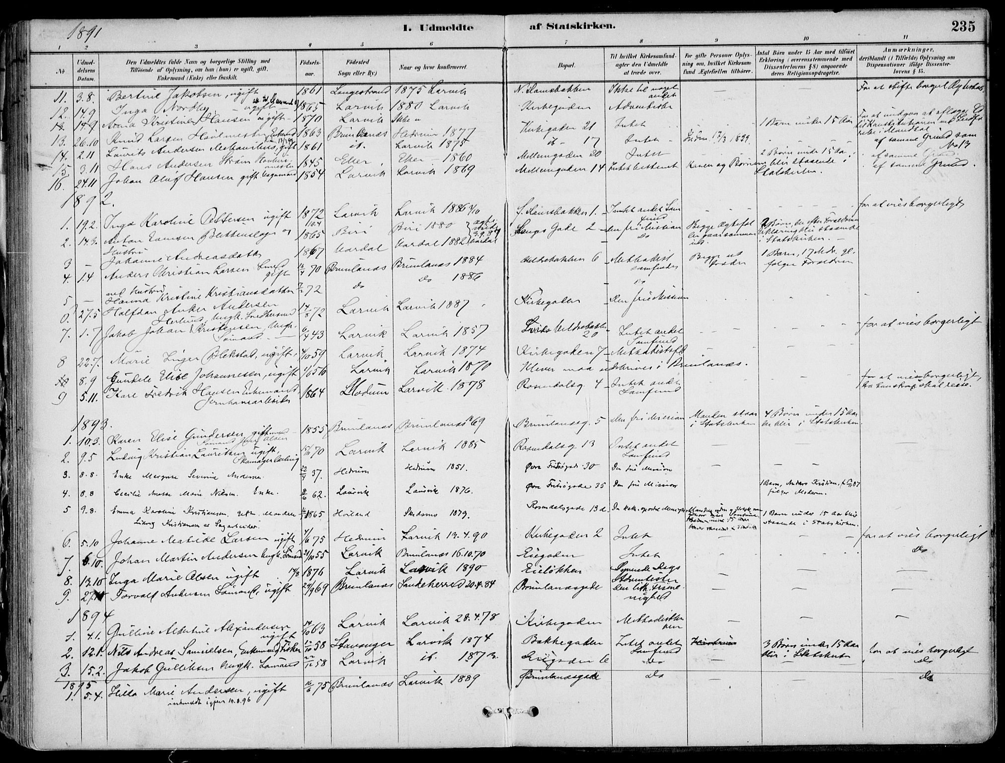 Larvik kirkebøker, AV/SAKO-A-352/F/Fb/L0004: Parish register (official) no. II 4, 1884-1902, p. 235