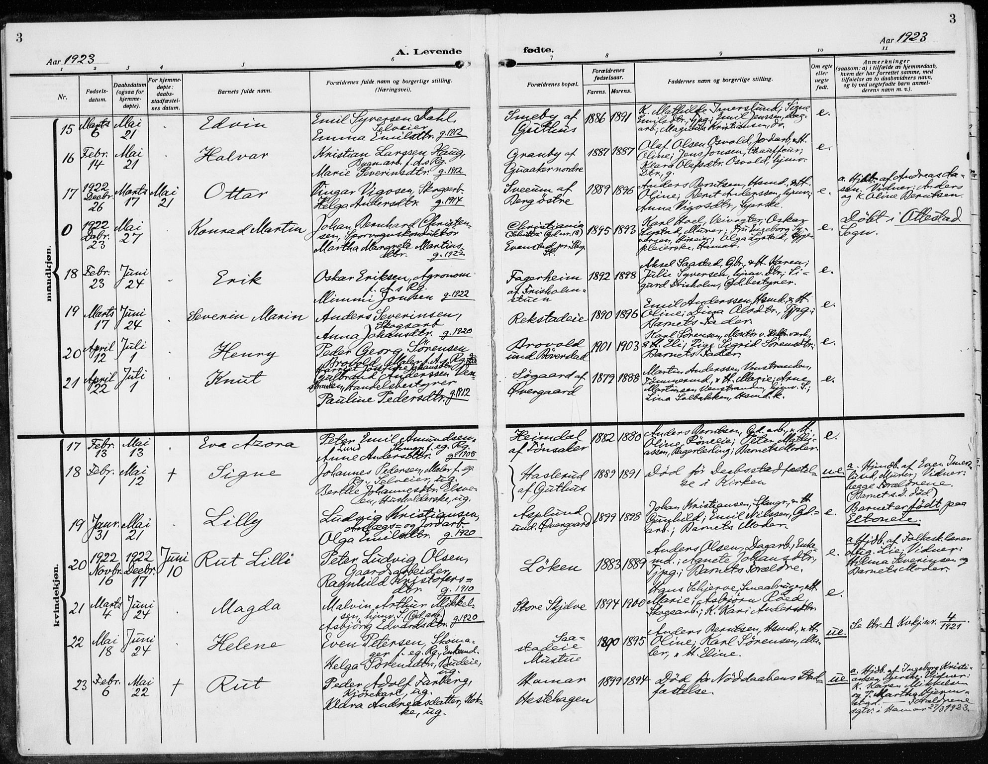 Stange prestekontor, AV/SAH-PREST-002/K/L0026: Parish register (official) no. 26, 1923-1937, p. 3