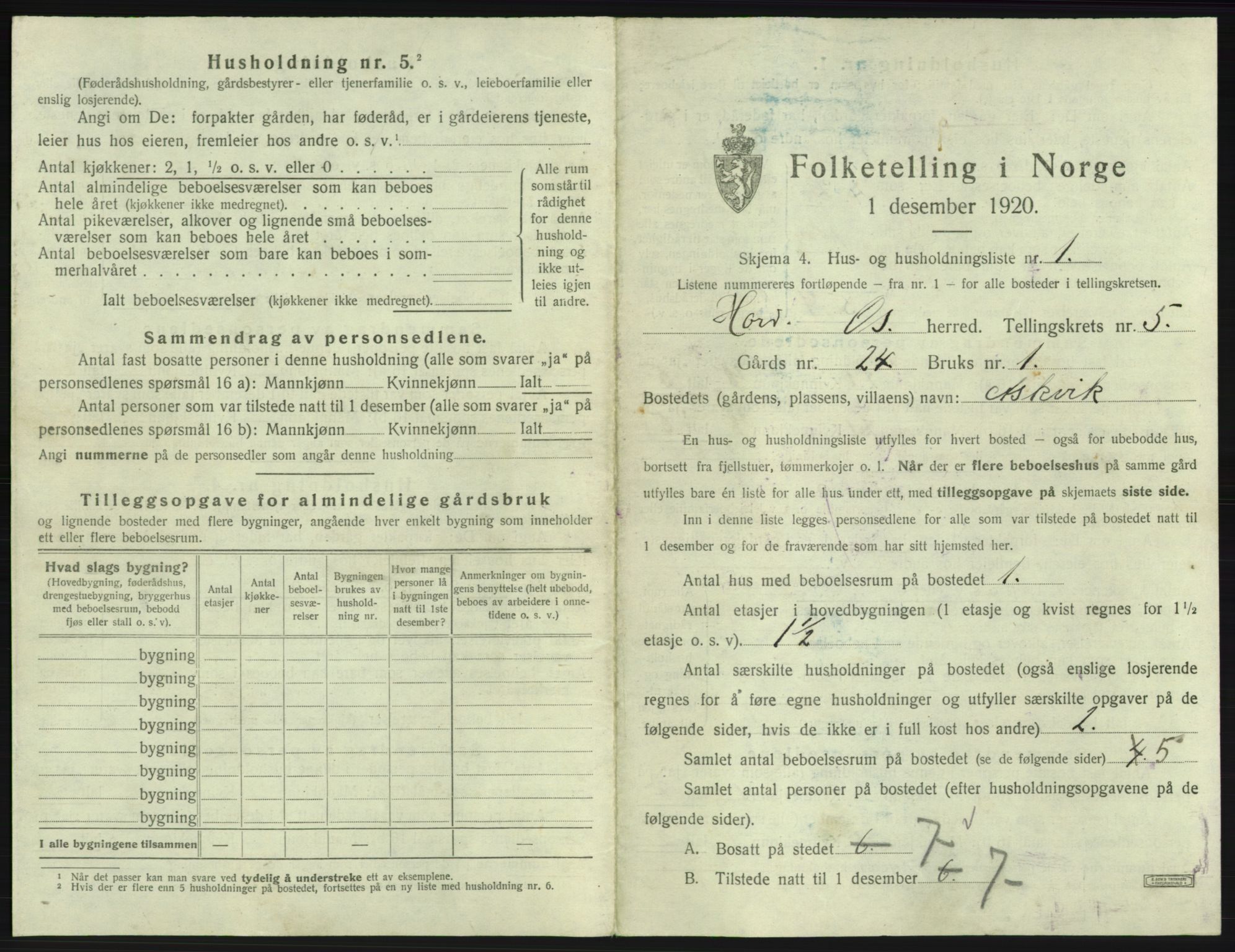 SAB, 1920 census for Os, 1920, p. 424