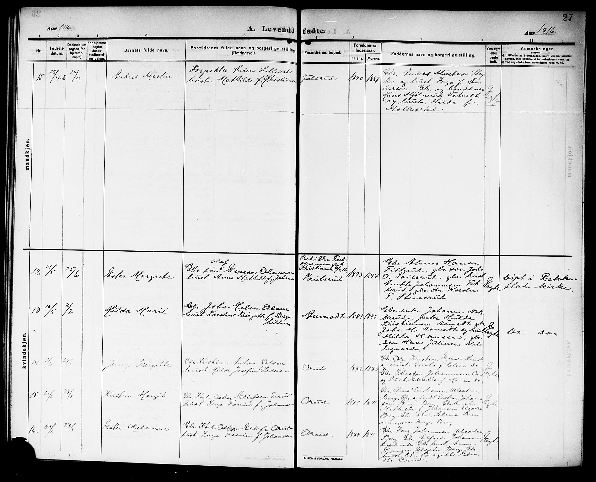 Rakkestad prestekontor Kirkebøker, AV/SAO-A-2008/G/Gb/L0002: Parish register (copy) no. II 2, 1909-1920, p. 27