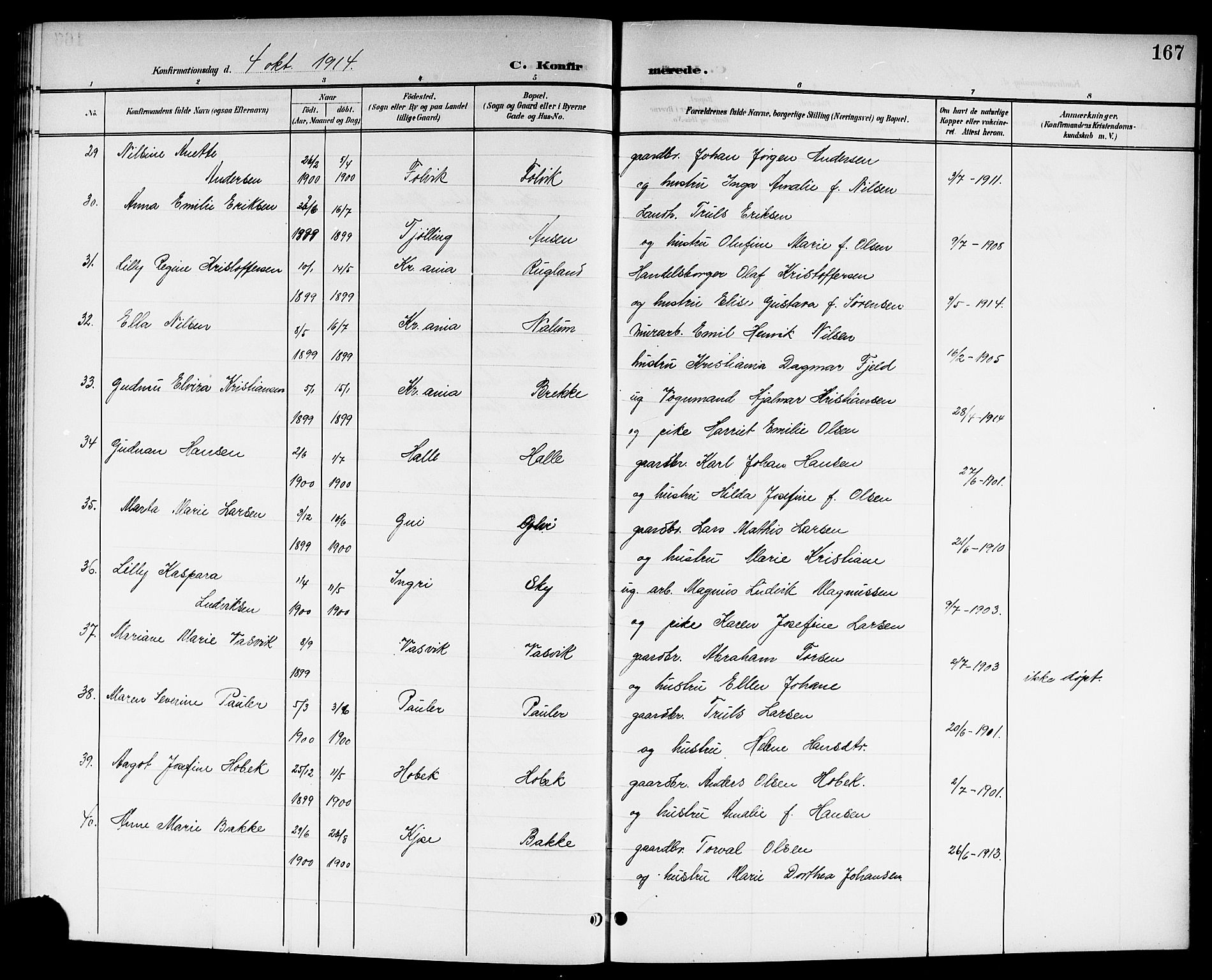 Brunlanes kirkebøker, SAKO/A-342/G/Ga/L0004: Parish register (copy) no. I 4, 1898-1921, p. 167