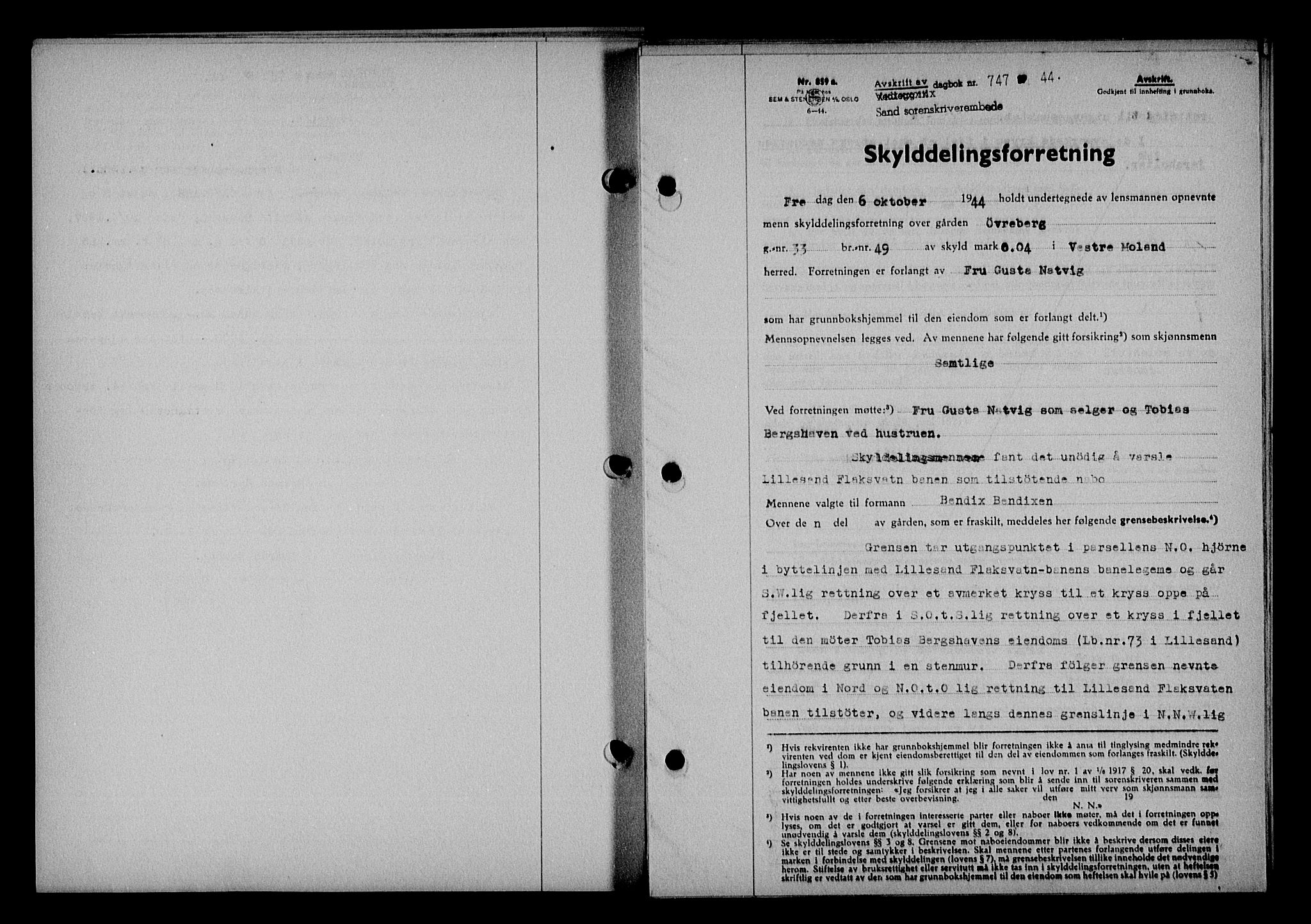Vestre Nedenes/Sand sorenskriveri, SAK/1221-0010/G/Gb/Gba/L0053: Mortgage book no. A 6, 1944-1945, Diary no: : 747/1944