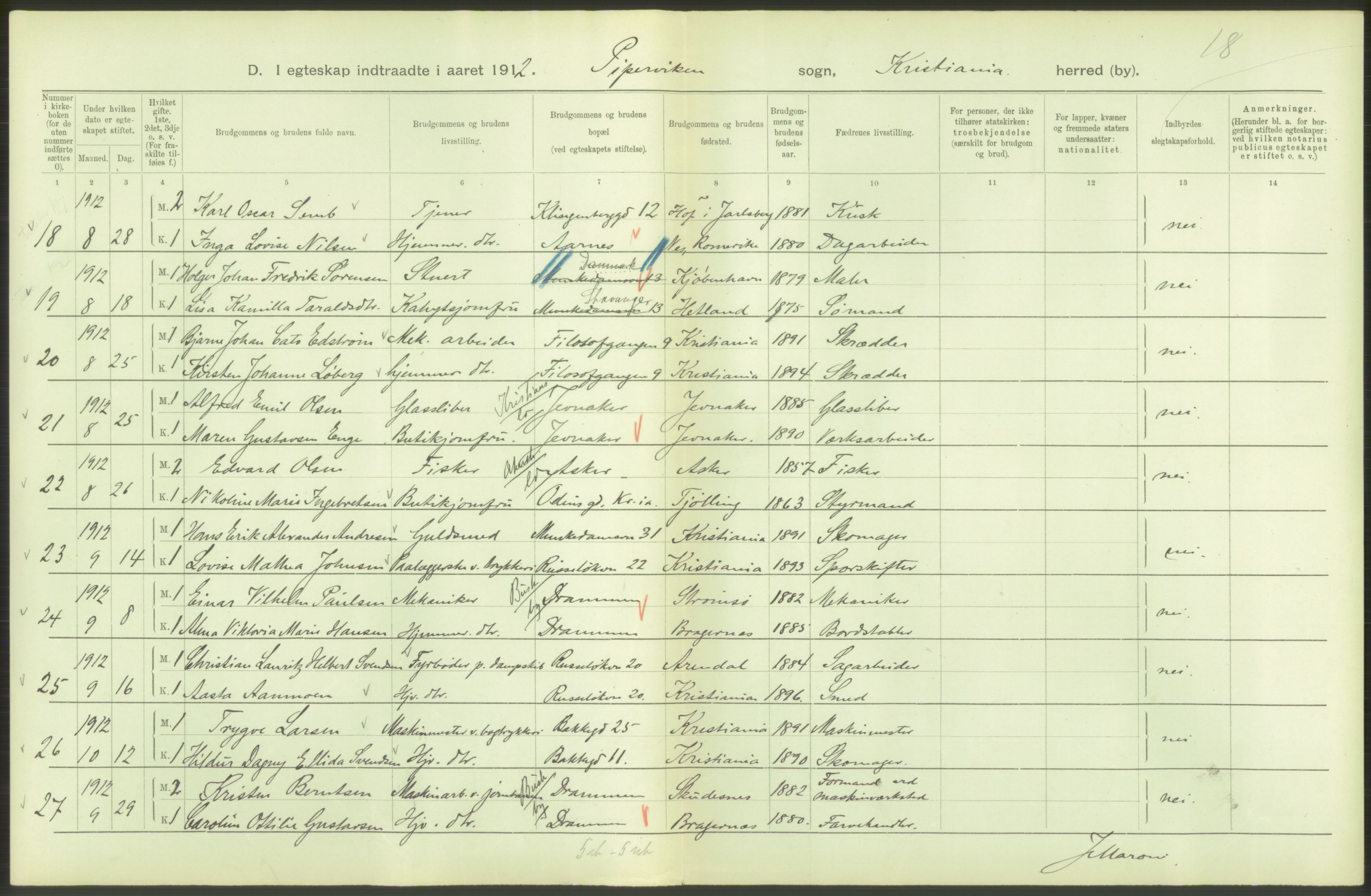 Statistisk sentralbyrå, Sosiodemografiske emner, Befolkning, AV/RA-S-2228/D/Df/Dfb/Dfbb/L0008: Kristiania: Gifte, 1912, p. 8