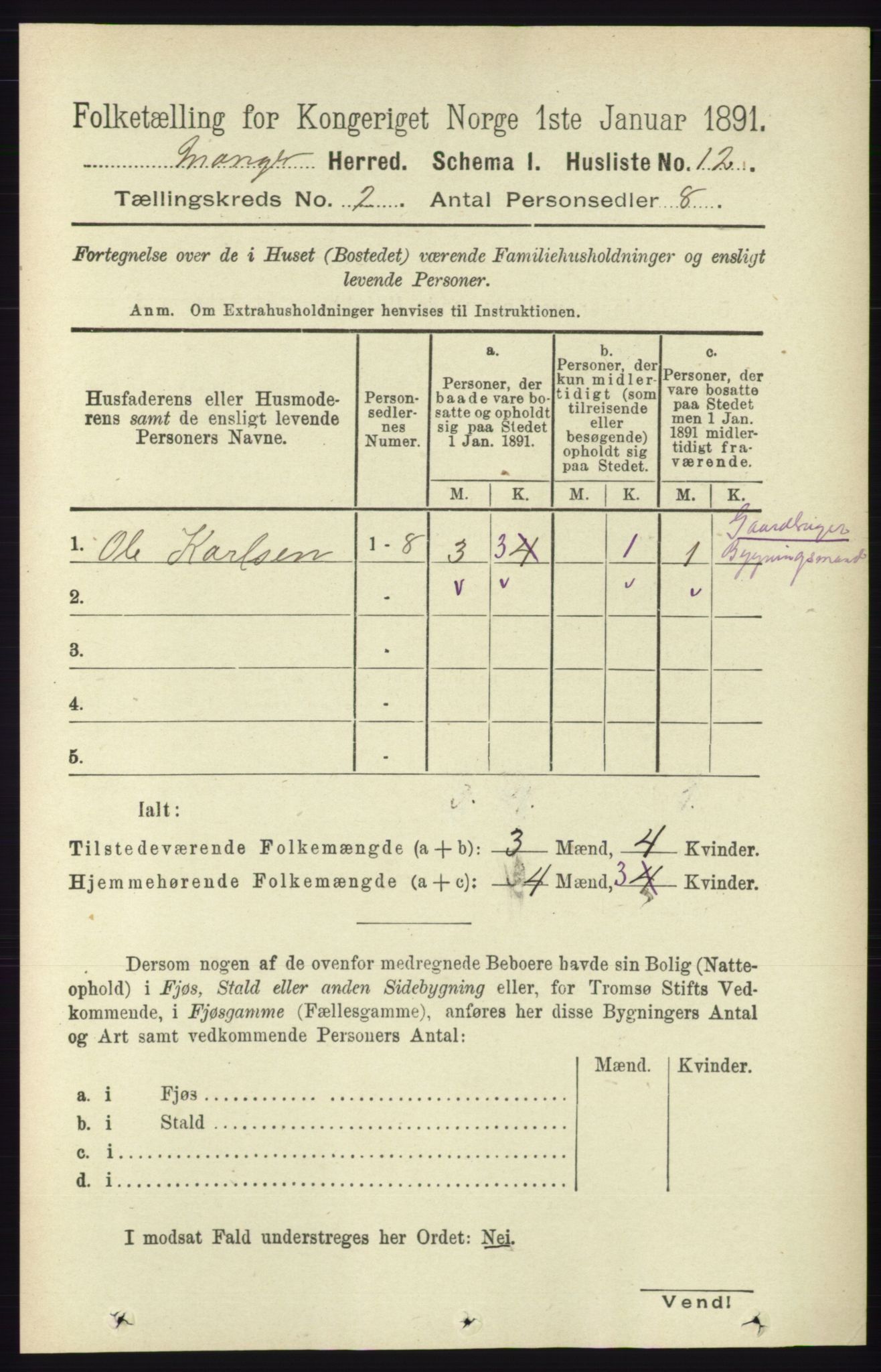 RA, 1891 census for 1261 Manger, 1891, p. 689