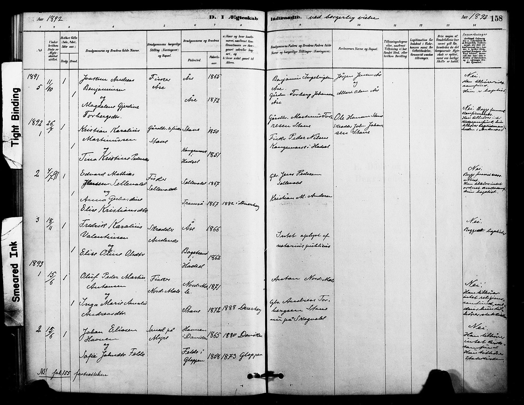 Ministerialprotokoller, klokkerbøker og fødselsregistre - Nordland, AV/SAT-A-1459/897/L1399: Parish register (official) no. 897C06, 1881-1896, p. 158