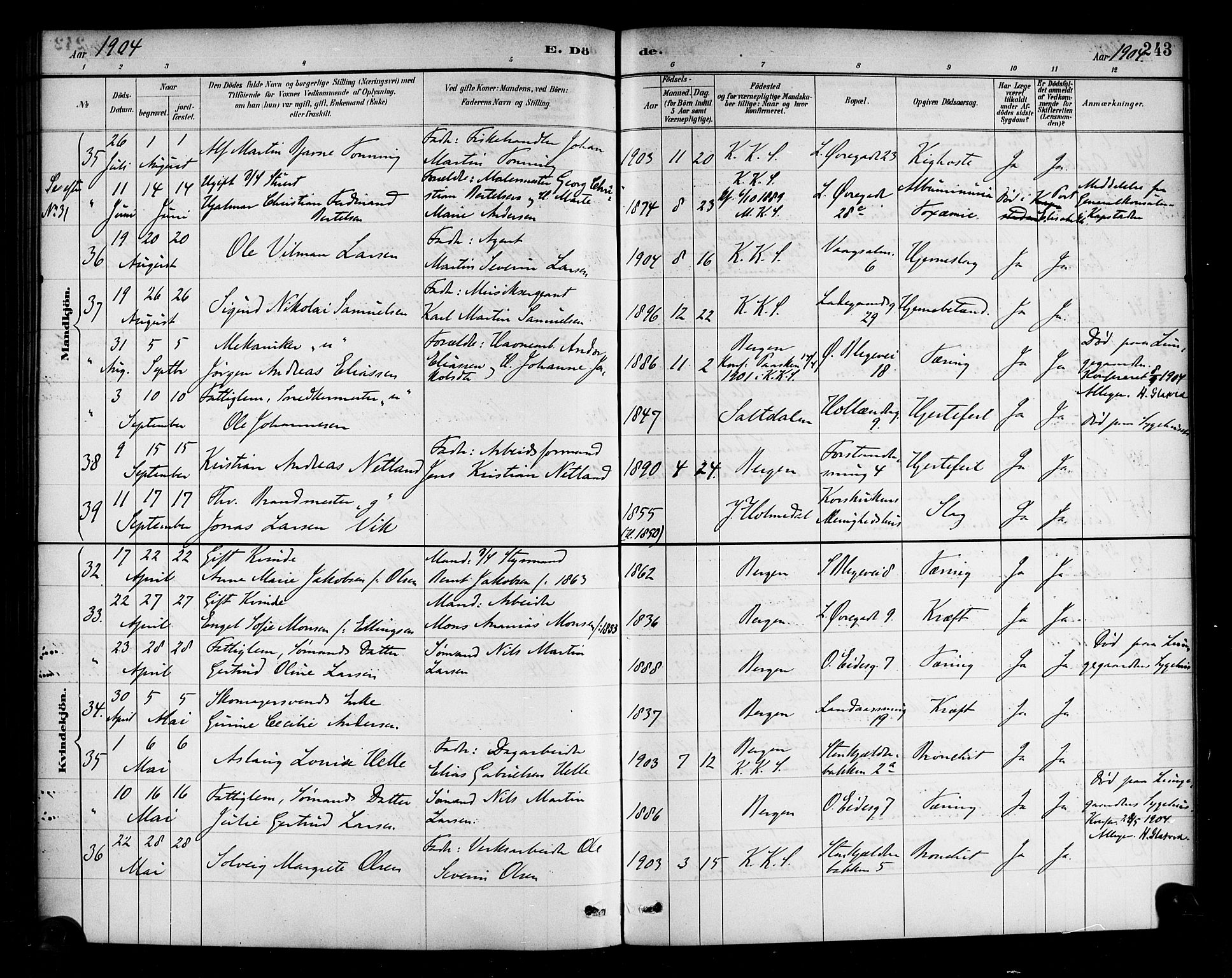 Korskirken sokneprestembete, AV/SAB-A-76101/H/Haa/L0047: Parish register (official) no. E 5, 1884-1910, p. 243