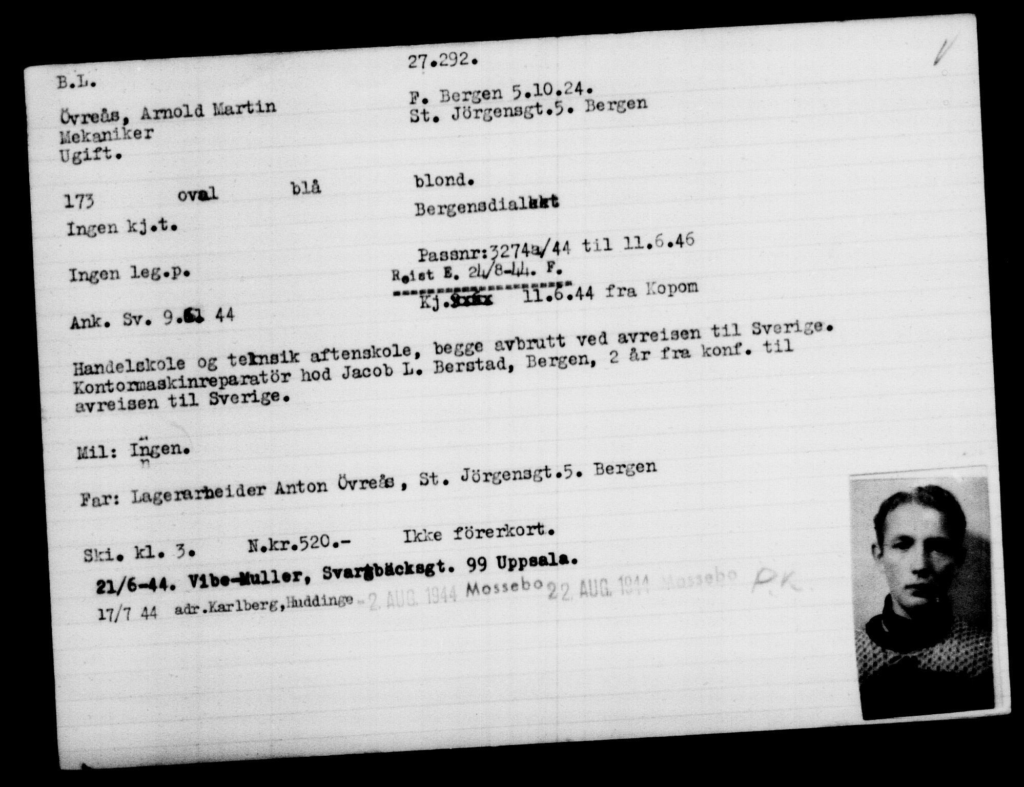 Utenriksstasjonene, Legasjonen i Stockholm, Flyktningkontoret, AV/RA-S-6753/V/Va/L0011: Kjesäterkartoteket, flyktninger med registreringsnr. 25300-28349, 1940-1945, p. 2103