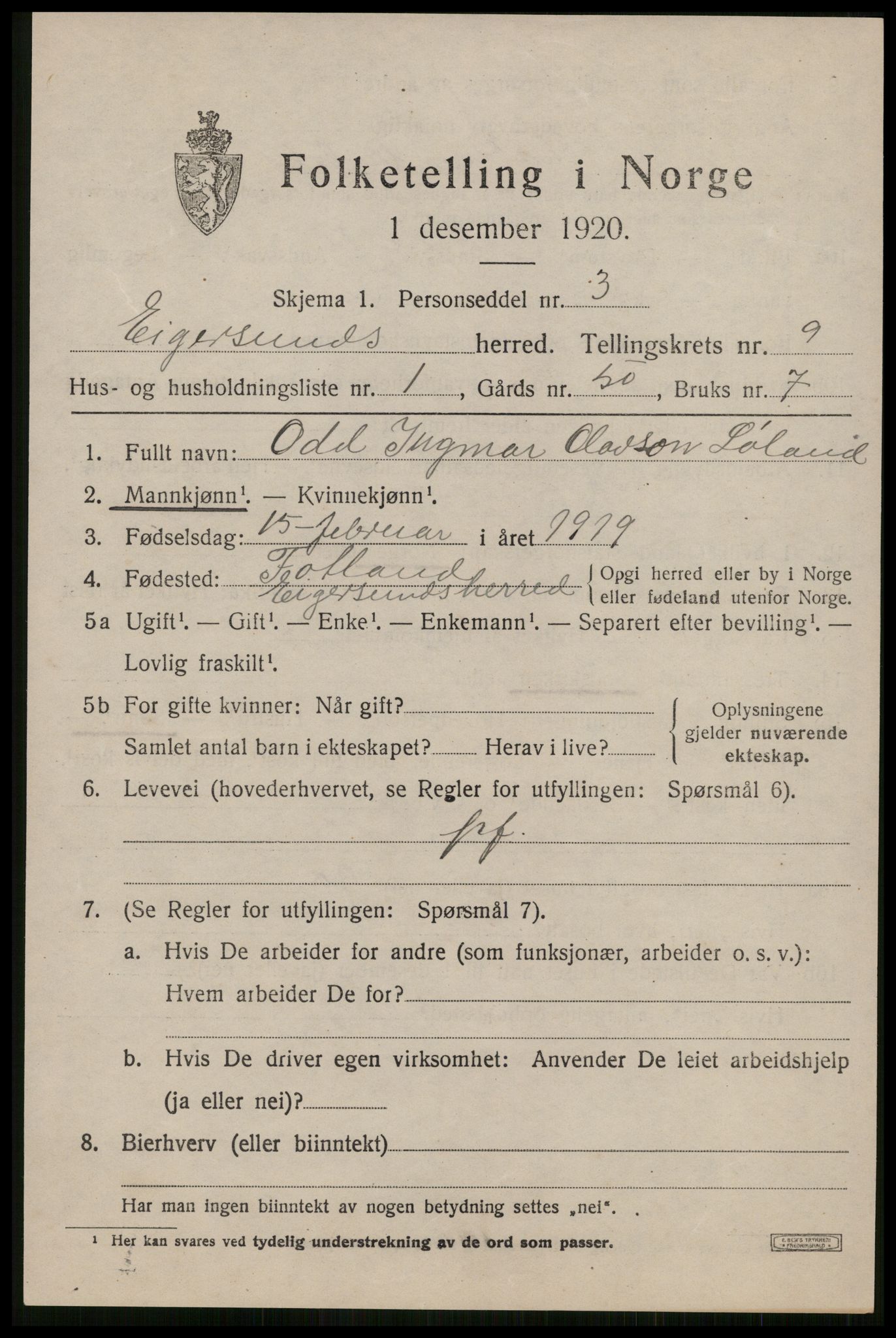 SAST, 1920 census for Eigersund, 1920, p. 5817