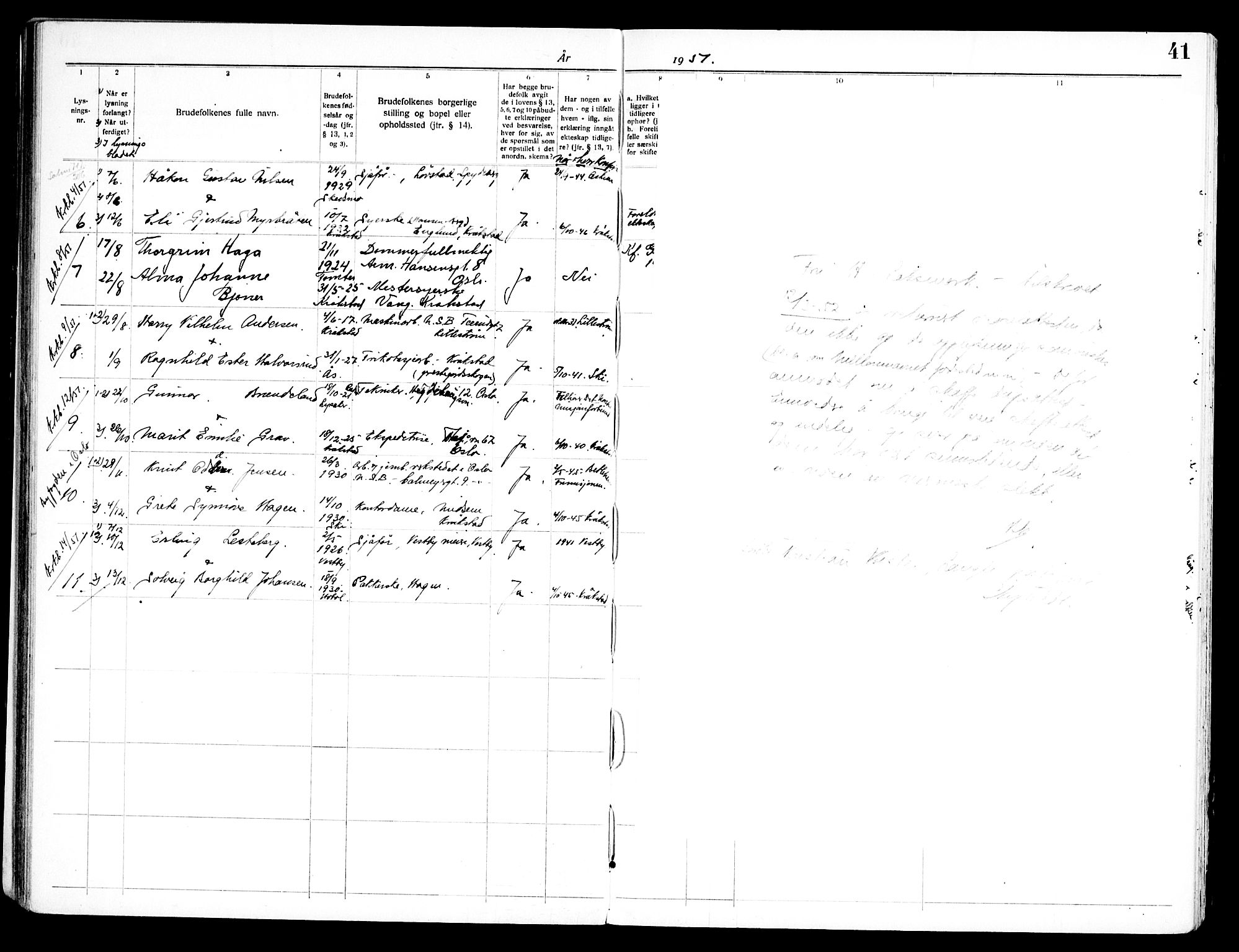 Kråkstad prestekontor Kirkebøker, AV/SAO-A-10125a/H/Ha/L0001: Banns register no. I 1, 1919-1969, p. 41