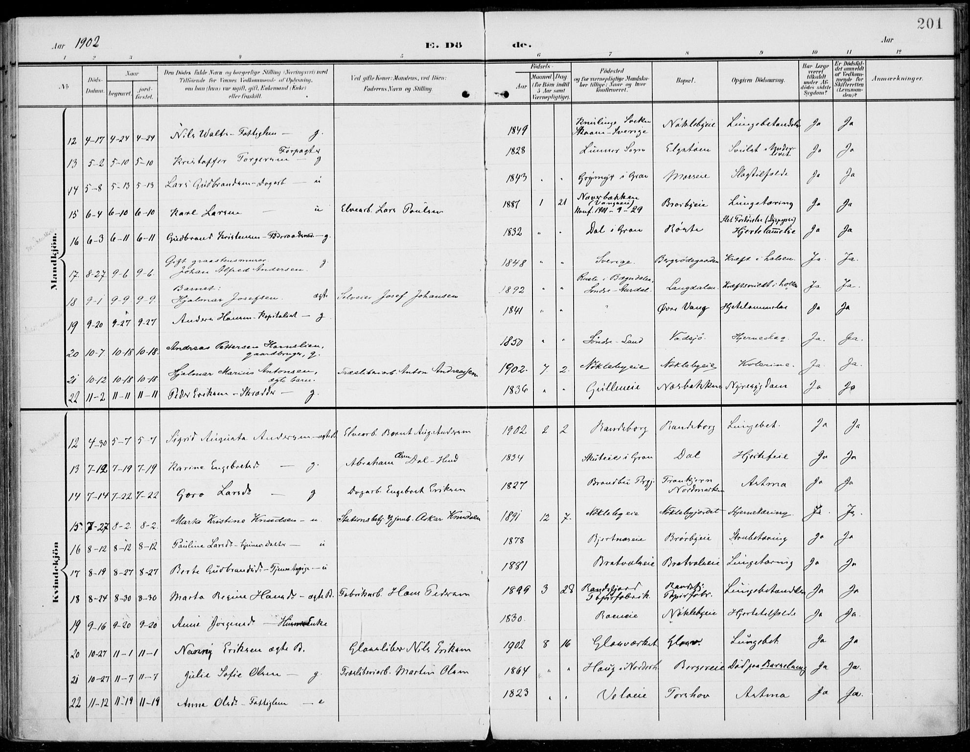Jevnaker prestekontor, SAH/PREST-116/H/Ha/Haa/L0011: Parish register (official) no. 11, 1902-1913, p. 201