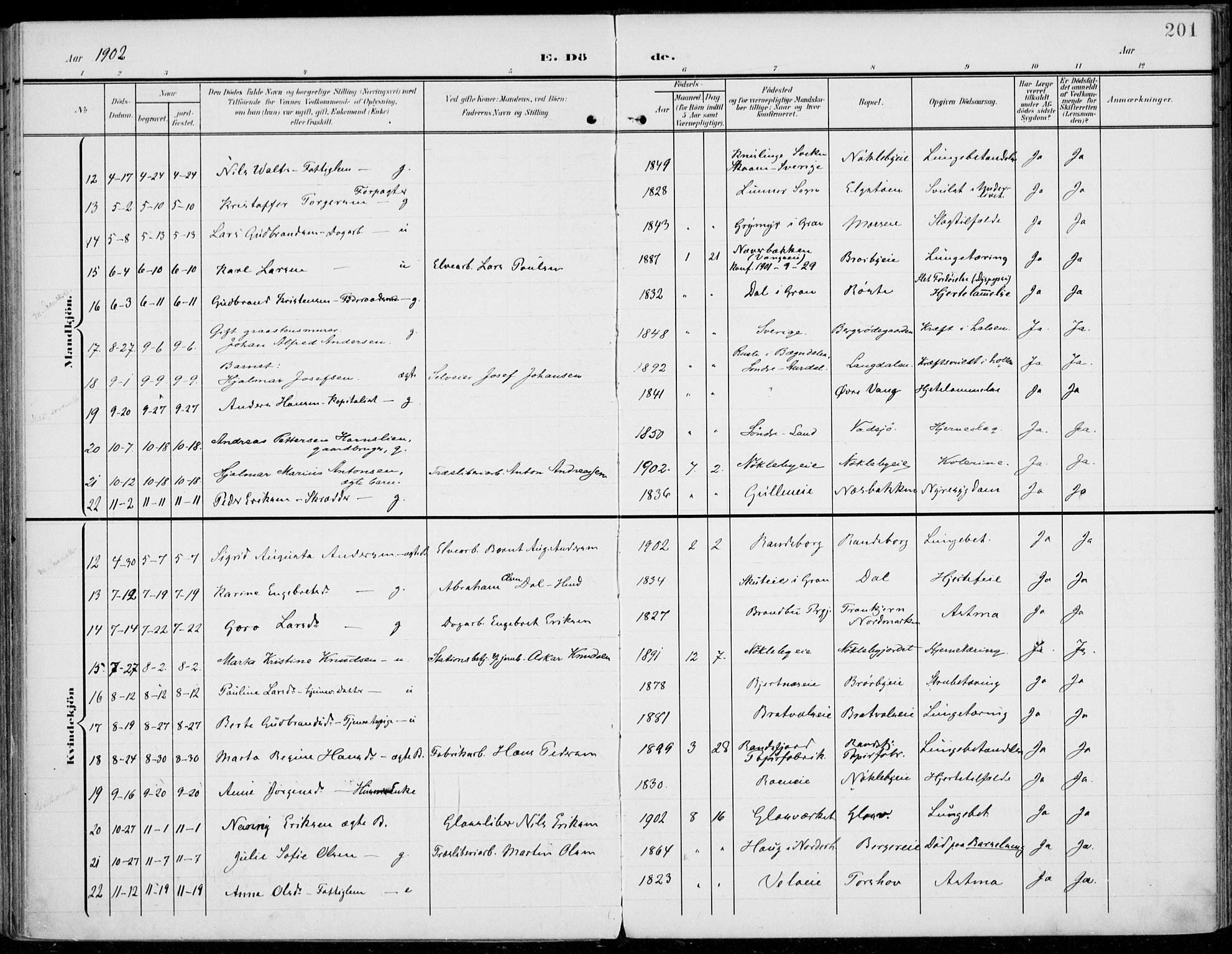 Jevnaker prestekontor, AV/SAH-PREST-116/H/Ha/Haa/L0011: Parish register (official) no. 11, 1902-1913, p. 201