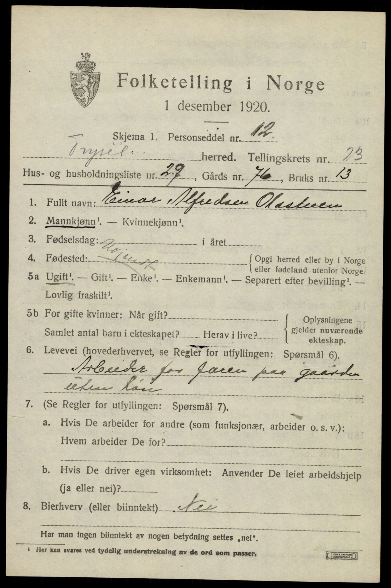 SAH, 1920 census for Trysil, 1920, p. 15209