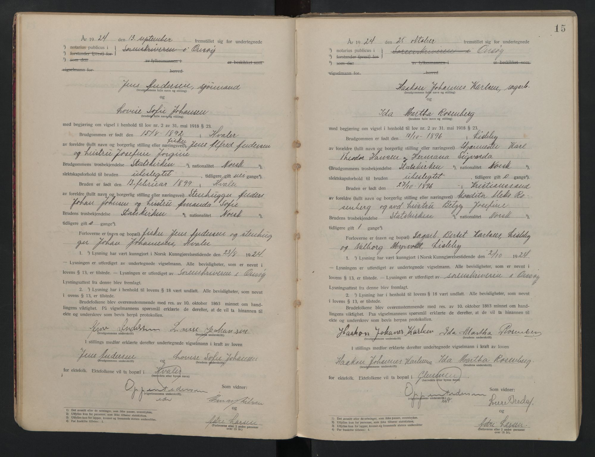 Onsøy sorenskriveri, AV/SAO-A-10474/L/La/L0001: Vigselsbok, 1920-1942, p. 15