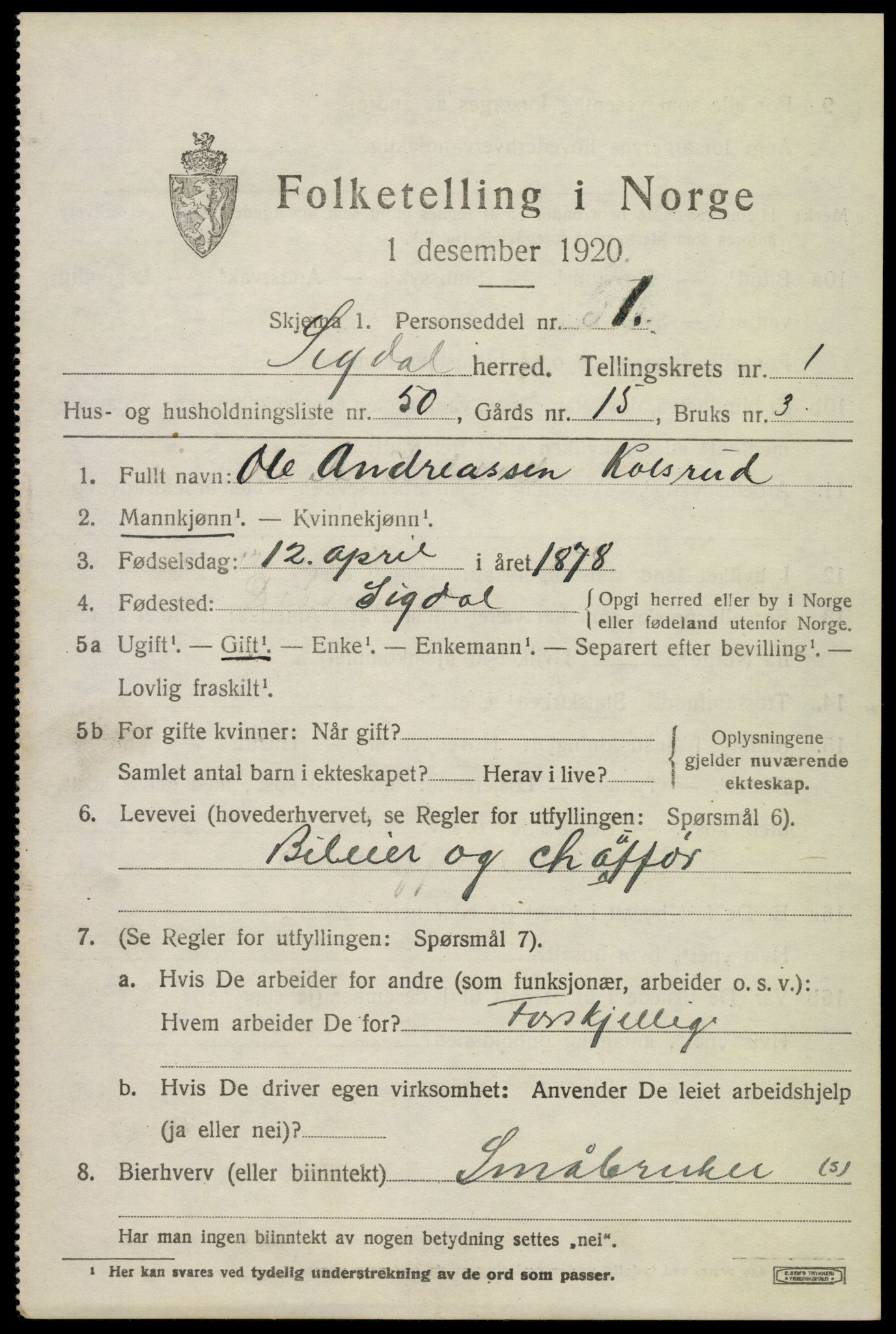 SAKO, 1920 census for Sigdal, 1920, p. 2008