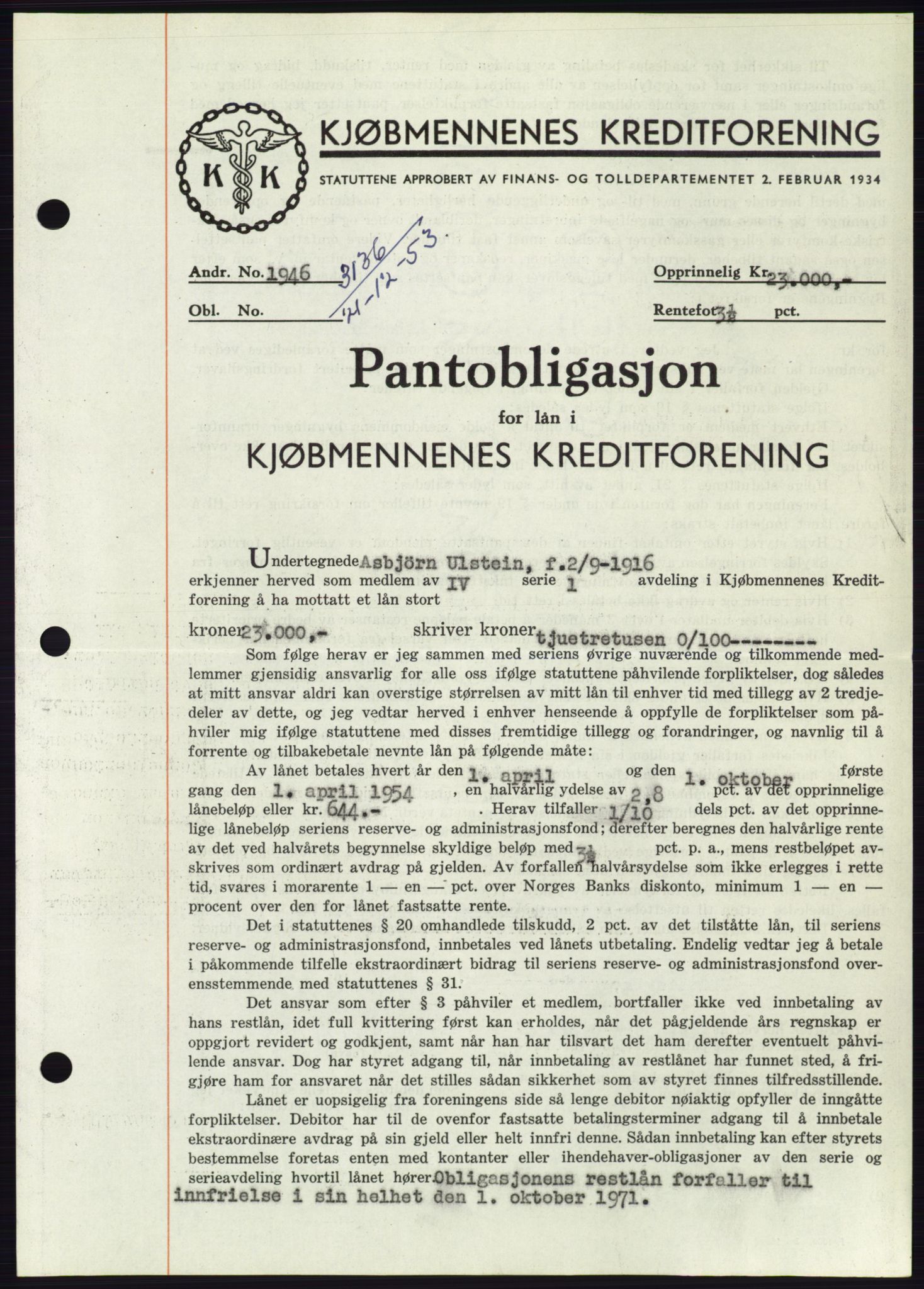 Søre Sunnmøre sorenskriveri, AV/SAT-A-4122/1/2/2C/L0124: Mortgage book no. 12B, 1953-1954, Diary no: : 3136/1953