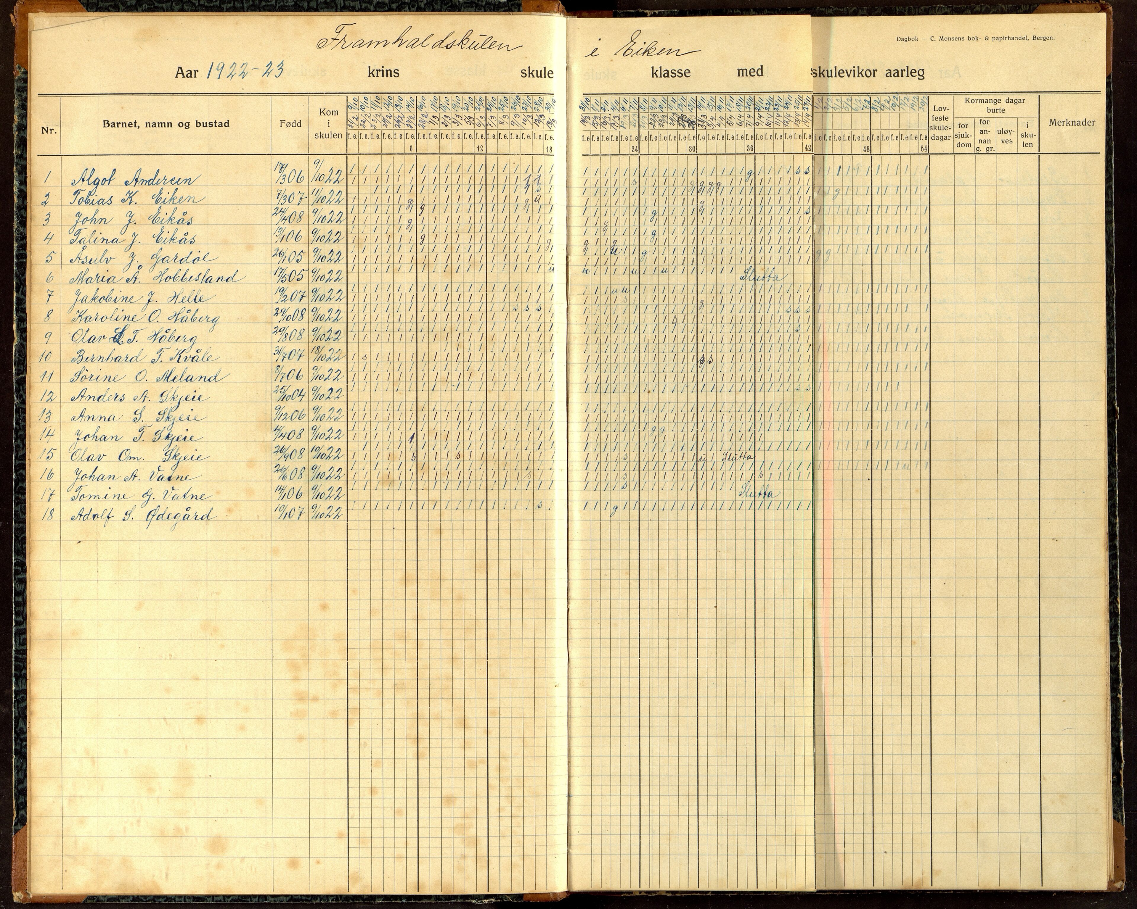 Hægebostad kommune - Hægebostad Framhaldskole, ARKSOR/1034HG555/I/L0001: Dagbok, 1922-1929