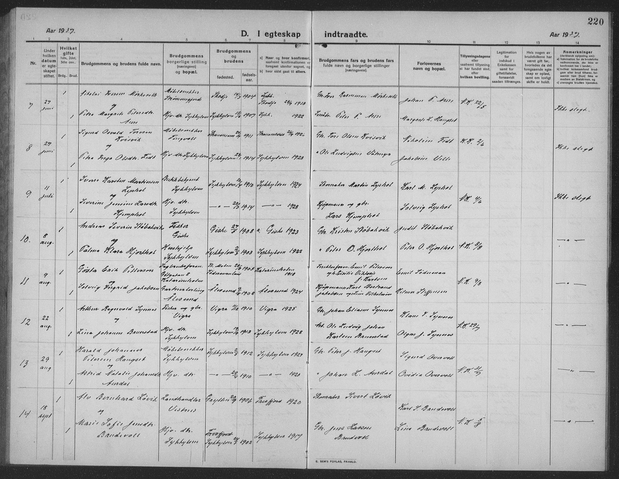 Ministerialprotokoller, klokkerbøker og fødselsregistre - Møre og Romsdal, AV/SAT-A-1454/523/L0342: Parish register (copy) no. 523C05, 1916-1937, p. 220