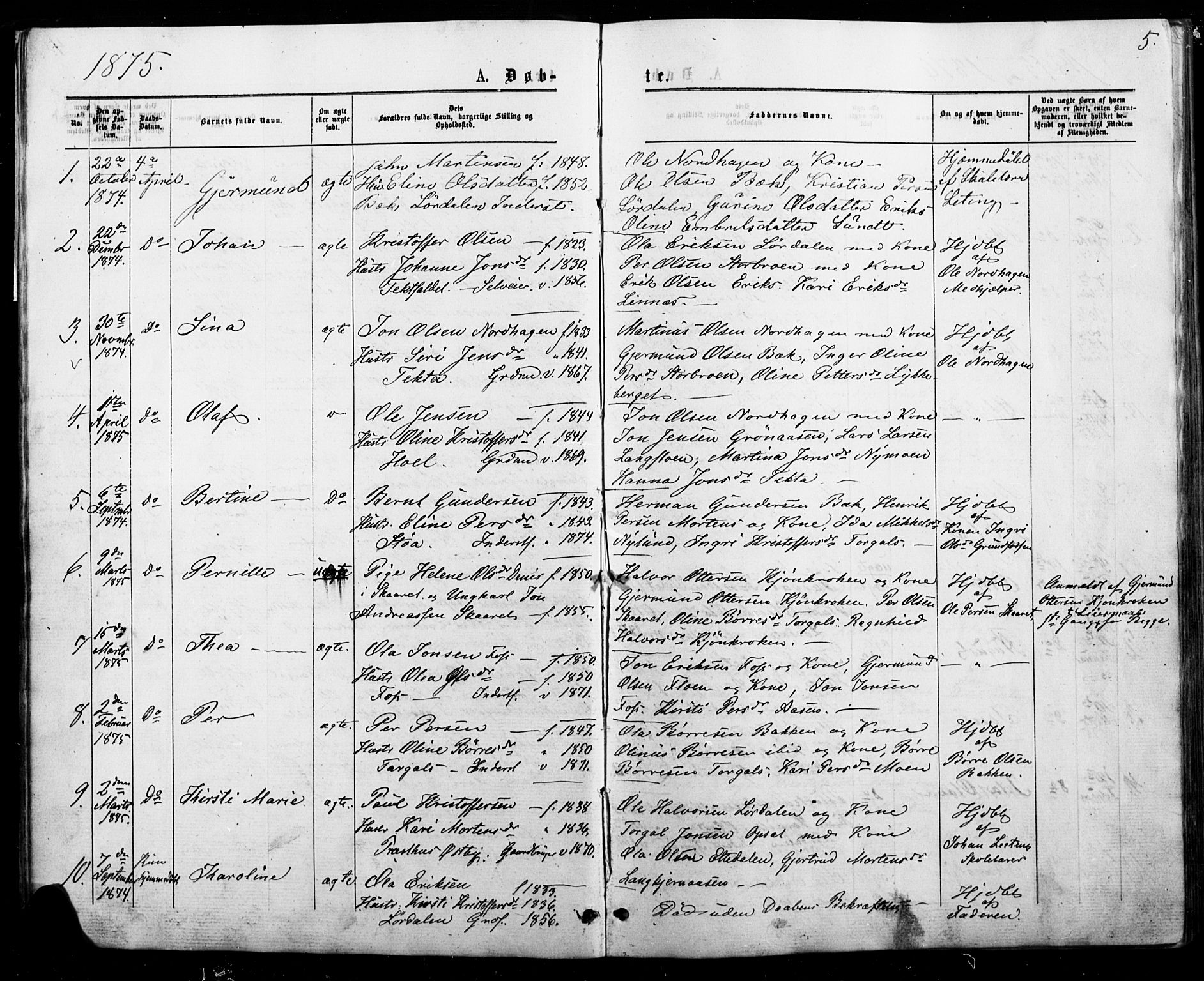 Trysil prestekontor, AV/SAH-PREST-046/H/Ha/Haa/L0010: Parish register (official) no. 10, 1872-1895, p. 5