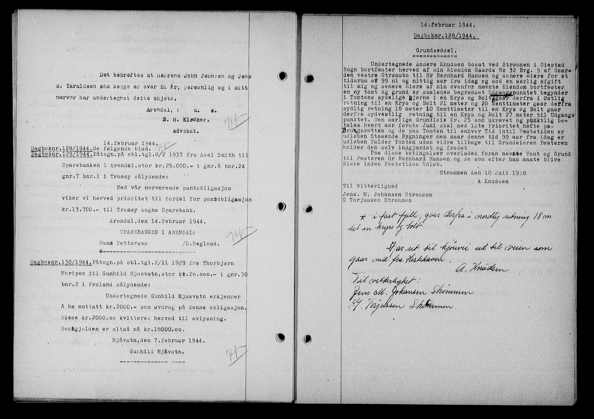 Nedenes sorenskriveri, SAK/1221-0006/G/Gb/Gba/L0051: Mortgage book no. A-V, 1943-1944, Diary no: : 128/1944