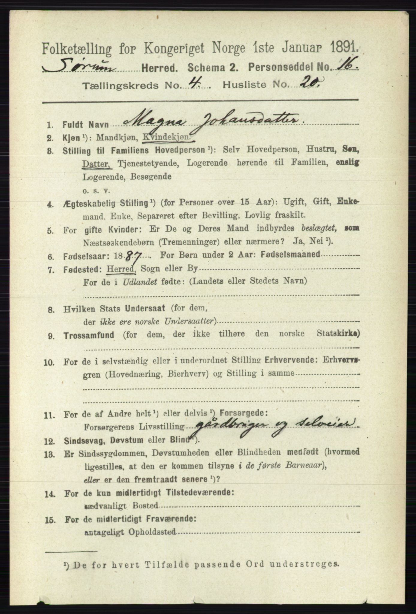 RA, 1891 census for 0226 Sørum, 1891, p. 2021