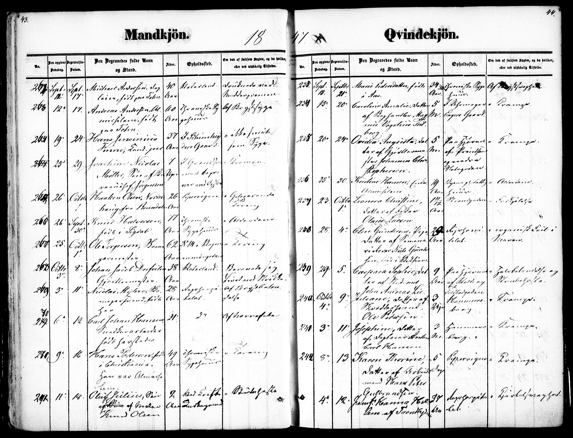 Oslo domkirke Kirkebøker, SAO/A-10752/F/Fa/L0025: Parish register (official) no. 25, 1847-1867, p. 43-44