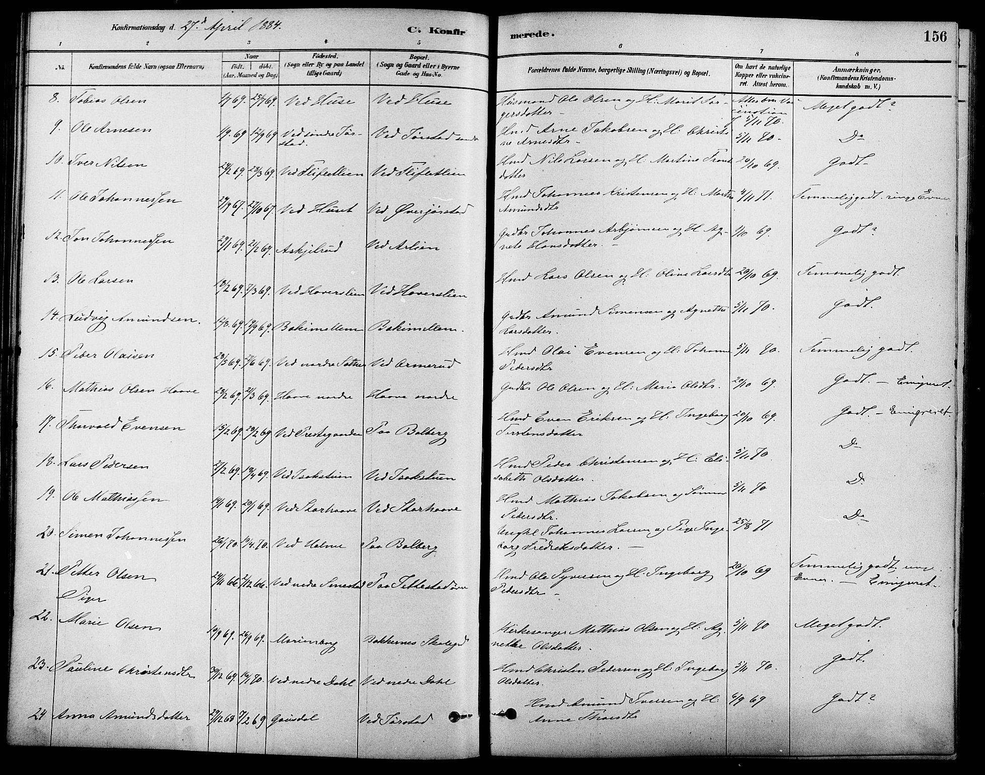 Fåberg prestekontor, SAH/PREST-086/H/Ha/Haa/L0008: Parish register (official) no. 8, 1879-1898, p. 156