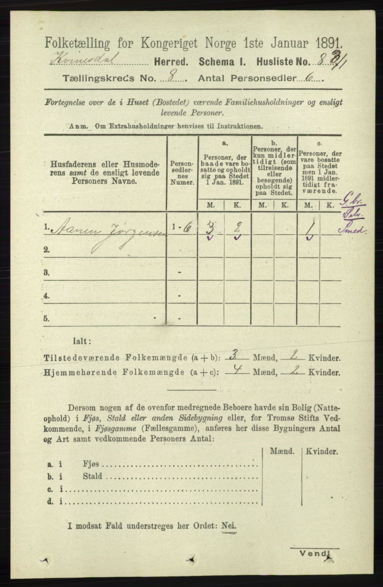 RA, 1891 census for 1037 Kvinesdal, 1891, p. 2699