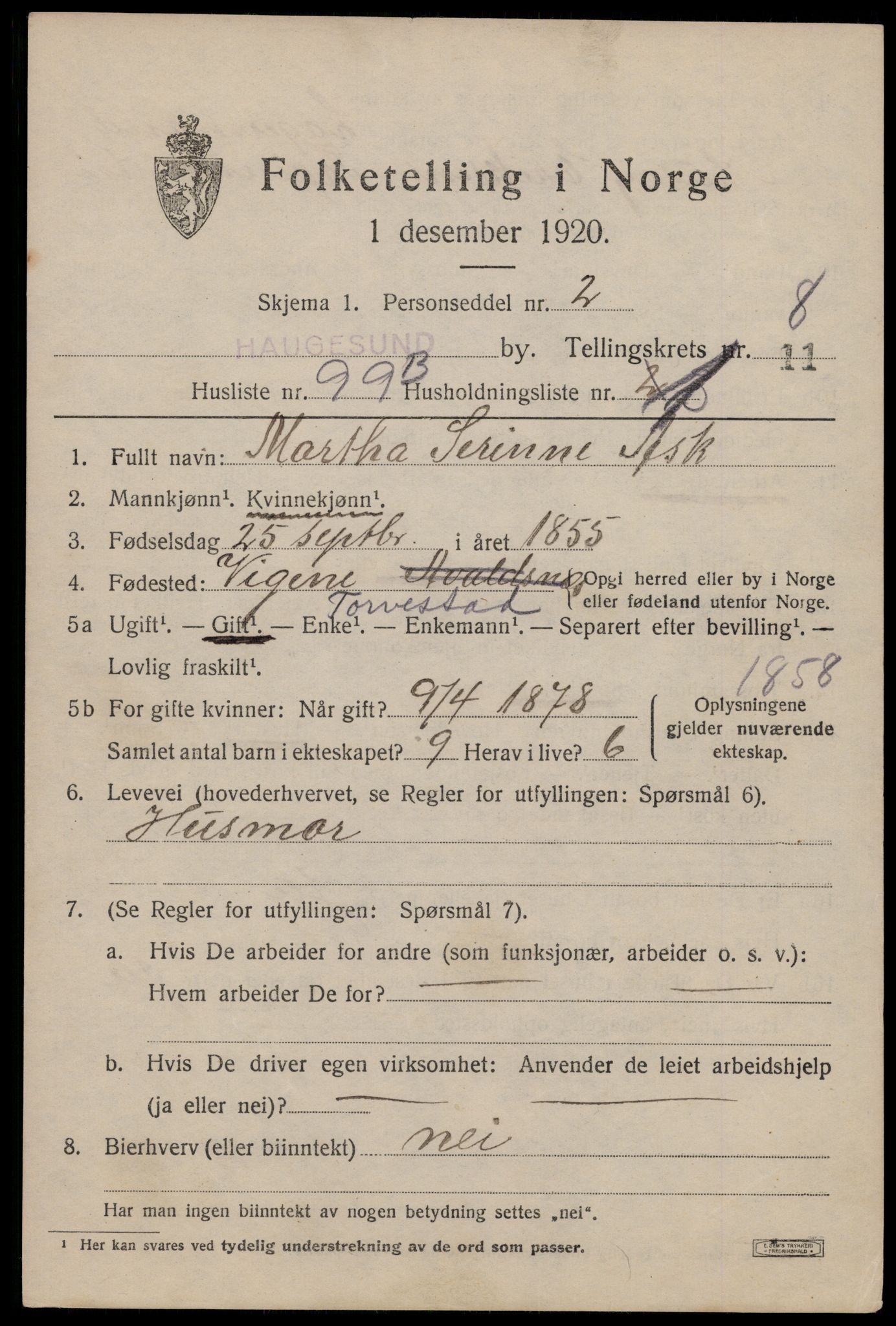 SAST, 1920 census for Haugesund, 1920, p. 37963