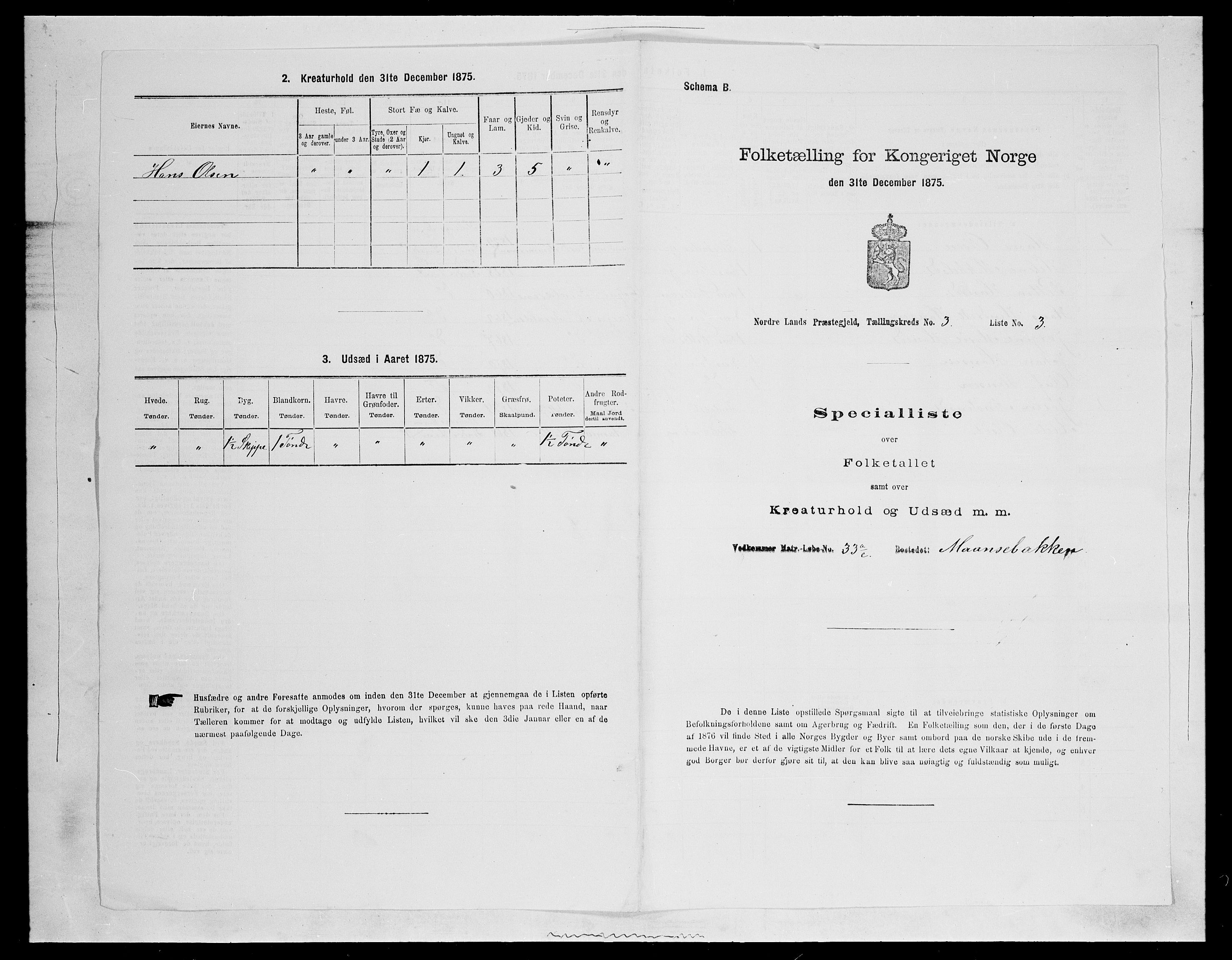 SAH, 1875 census for 0538P Nordre Land, 1875, p. 487