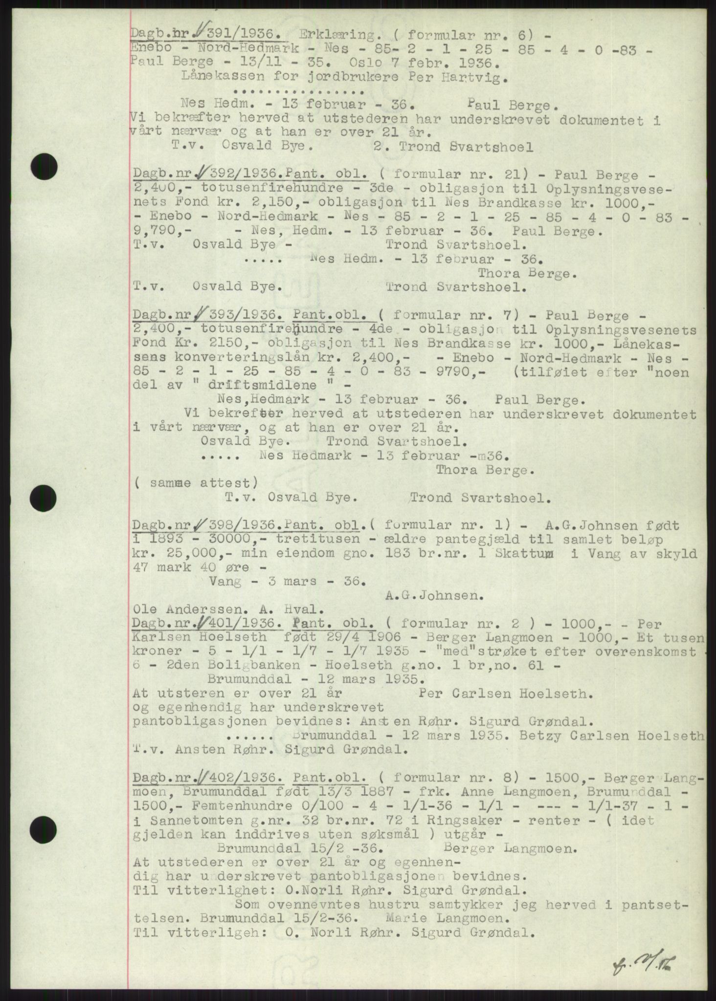 Nord-Hedmark sorenskriveri, SAH/TING-012/H/Hb/Hbf/L0001: Mortgage book no. B1, 1936-1936, Diary no: : 391/1936